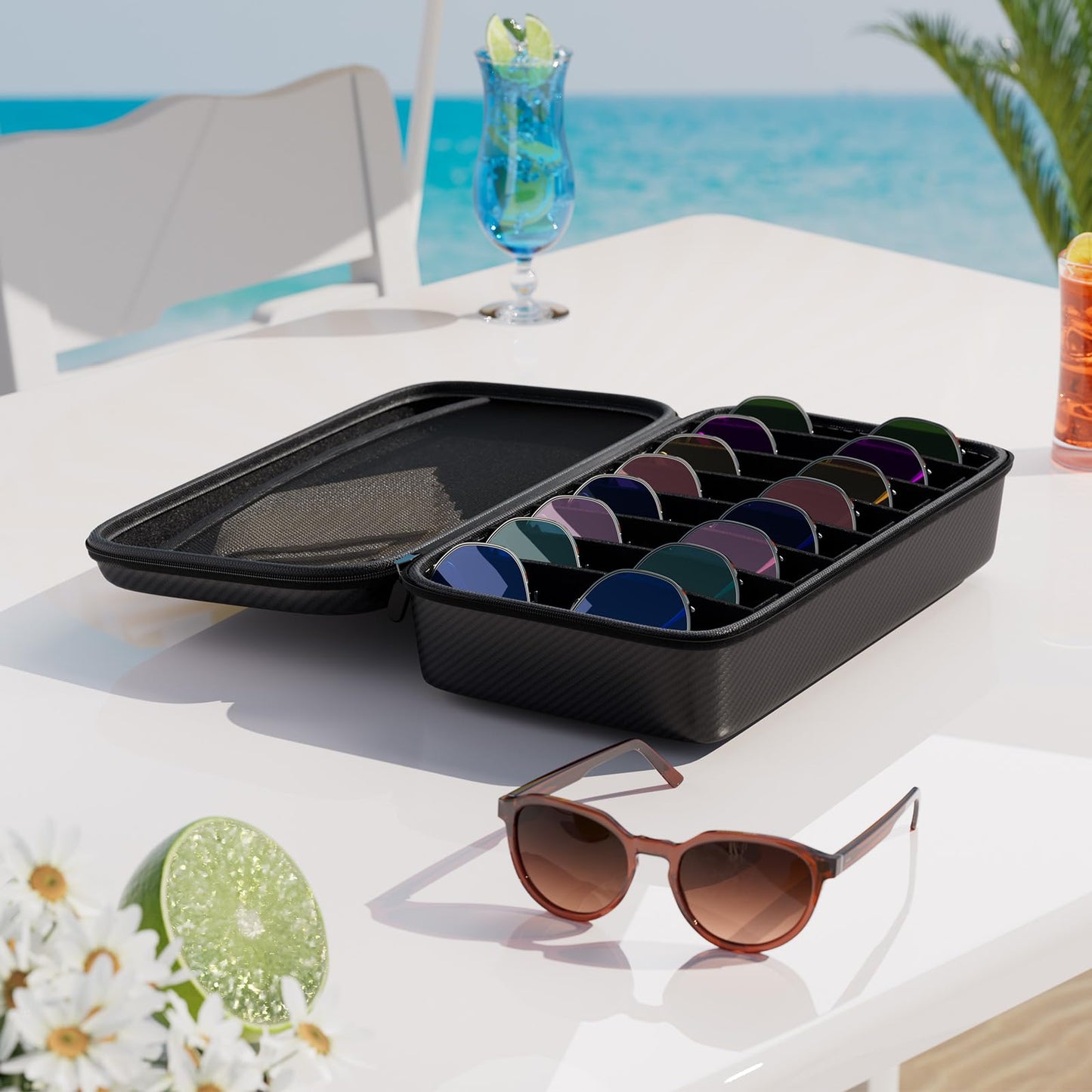 Vecxoty Black Travel Sunglasses Organizer For 8 Pairs, EVA Hard ShellSunglass Case with Soft Lining & Adjustable Slot for Secure Multiple Sunglasses Storage, Portable Eyeglass Case for Men Women