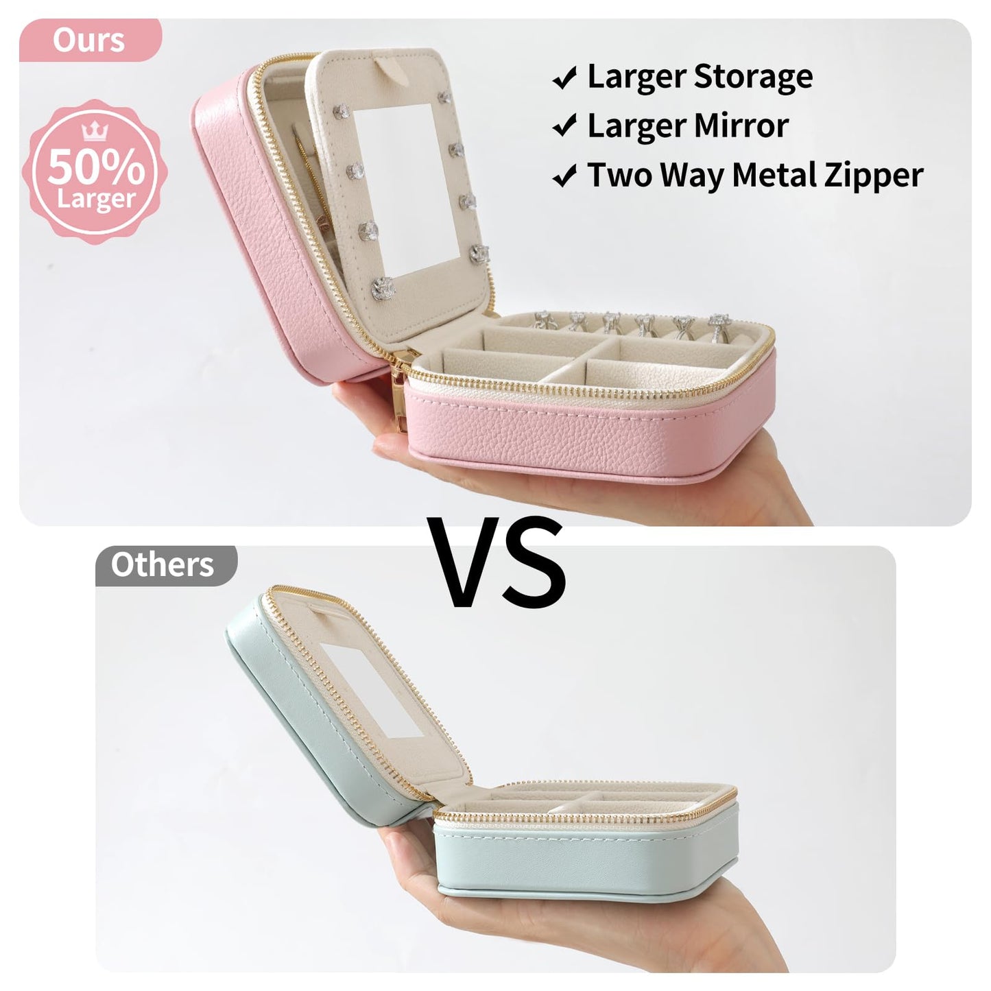 NGVRC Genuine Leather Travel Jewelry Organizer Case with Mirror for Women, Small Mini Portable Jewelry Box for Ring Earrings Necklace Bracelet Luxury Gift for Women（Mint Green）