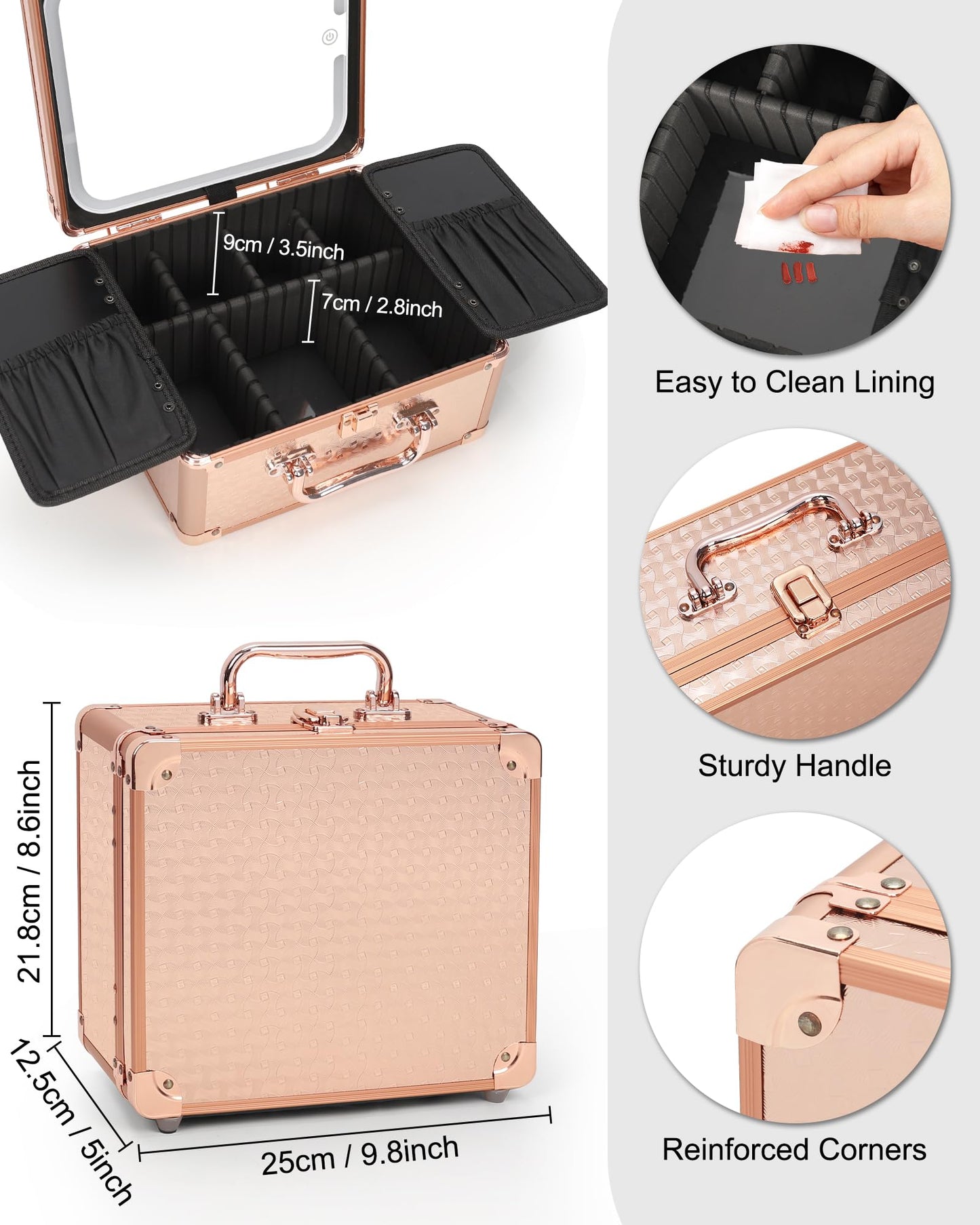 Relavel Makeup Bag with LED Mirror, Makeup Box Travel Train Case with Rechargeable Lighted Mirror, Cosmetic Brush Organizer Storage for Makeup Artists Gifts for Women and Girls, Rose Gold
