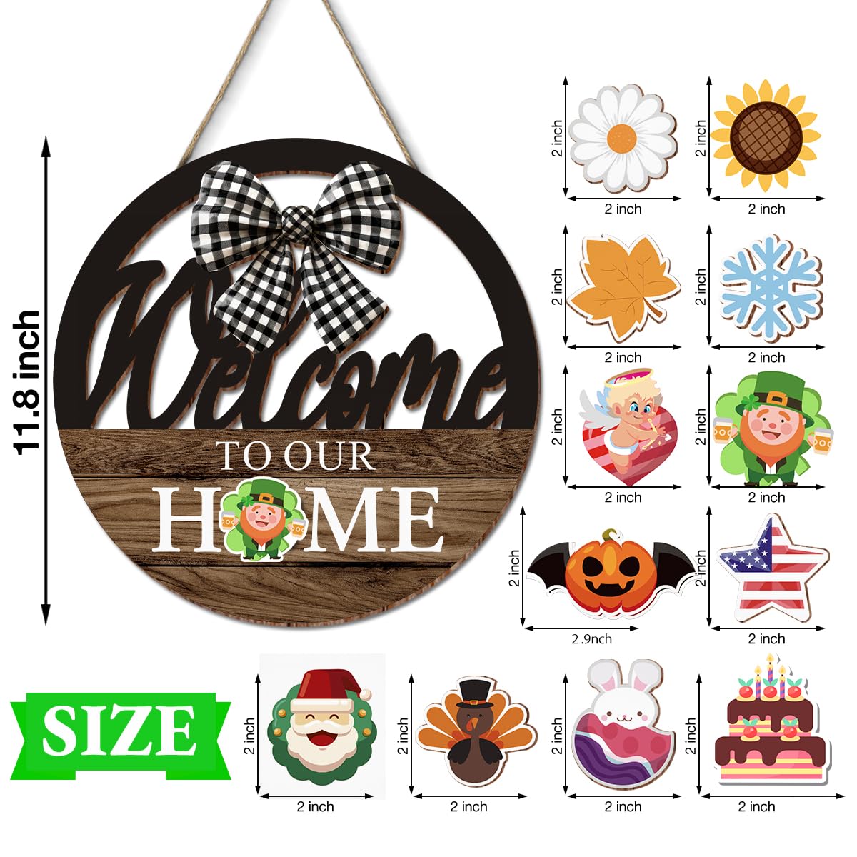 Interchangeable Seasonal Welcome to Our Home Hanging Sign - Farmhouse Front Door Decoration for Spring All Seasons Holidays - Rustic Round Wood Wreaths with 12 Icons(Brown)