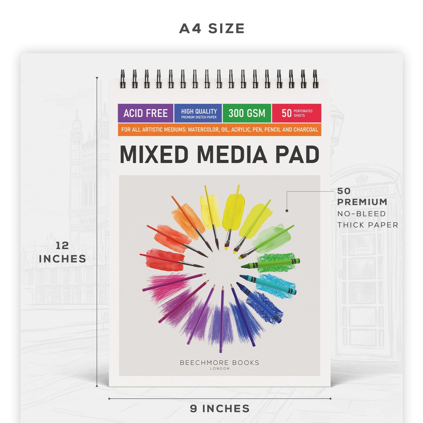 Beechmore Books 9"x12" Watercolor Sketchpad - Professional Spiral Bound Sketchbook, 50 Sheets 300 GSM / 140 lb Heavyweight Acid-Free Paper, Micro-Perforated for Acrylic, Gouache and Mixed Media