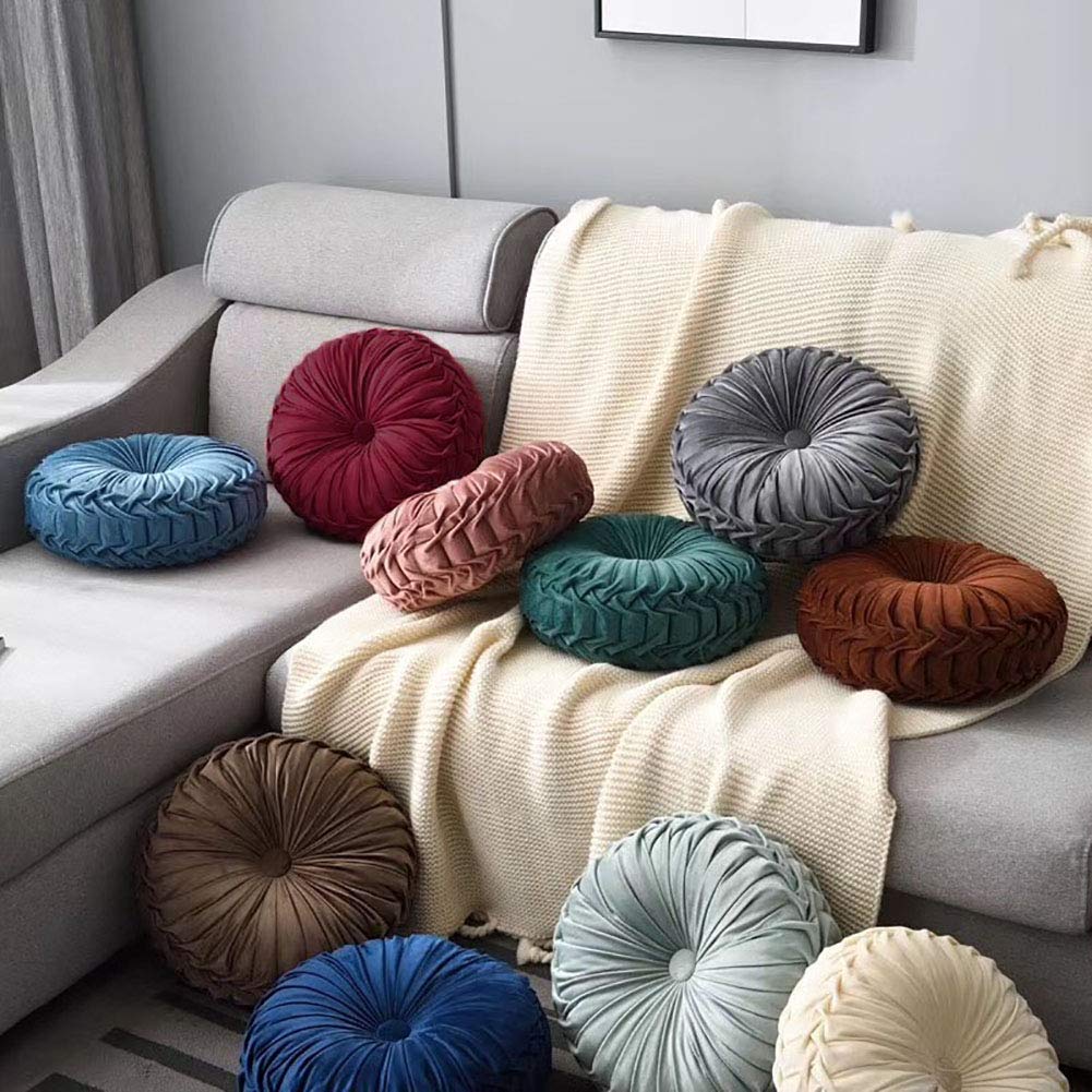 Teieas Round Throw Pillow Velvet Home Decoration Pleated Round Pillow Cushion for Couch Chair Bed Car Beige