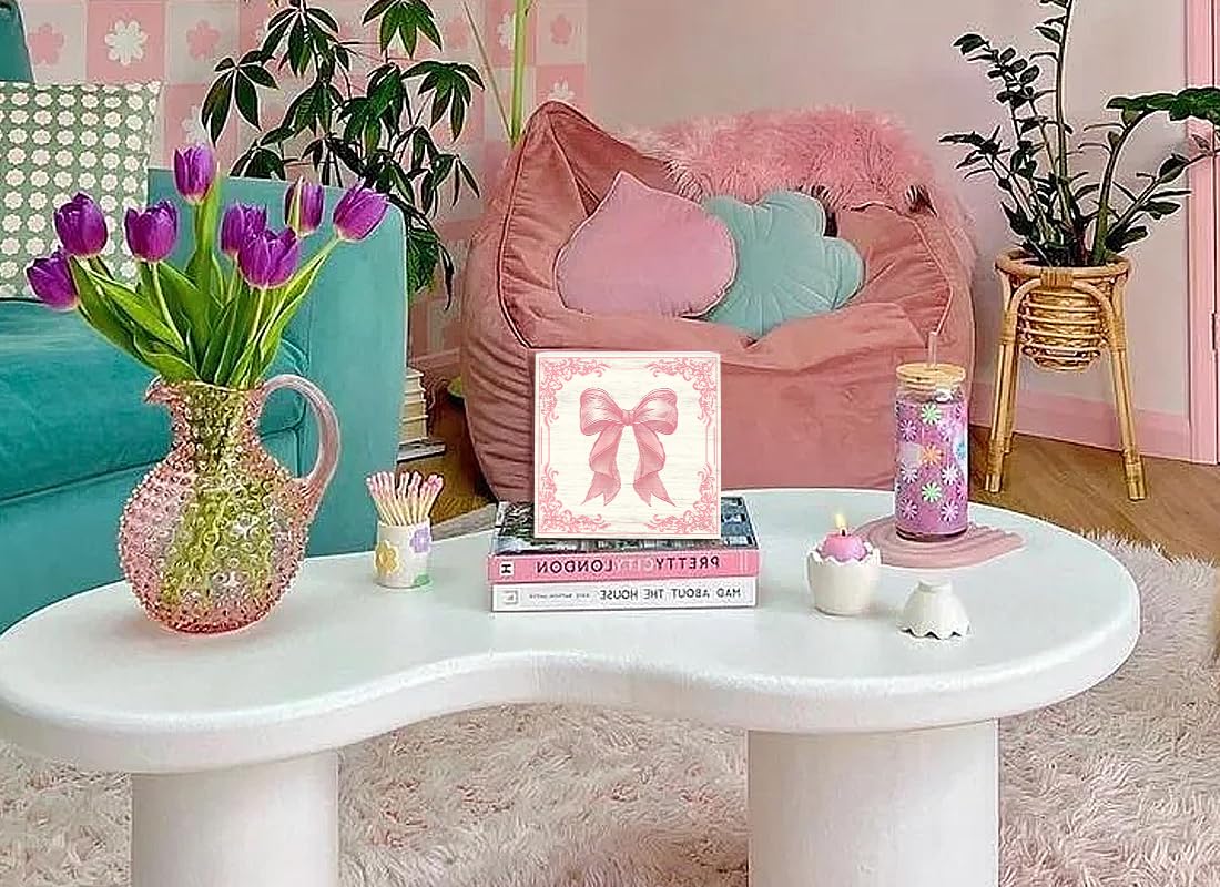 ULEGIE Pink Bow Coquette Wooden Box Sign, Coquette Room Decor, Dorm Room Essentials for Girls, Girly Ribbon Bow for Girls Room Dorm College Bedroom Desk Shelf Tabletop Decoration 5 x 5 Inch