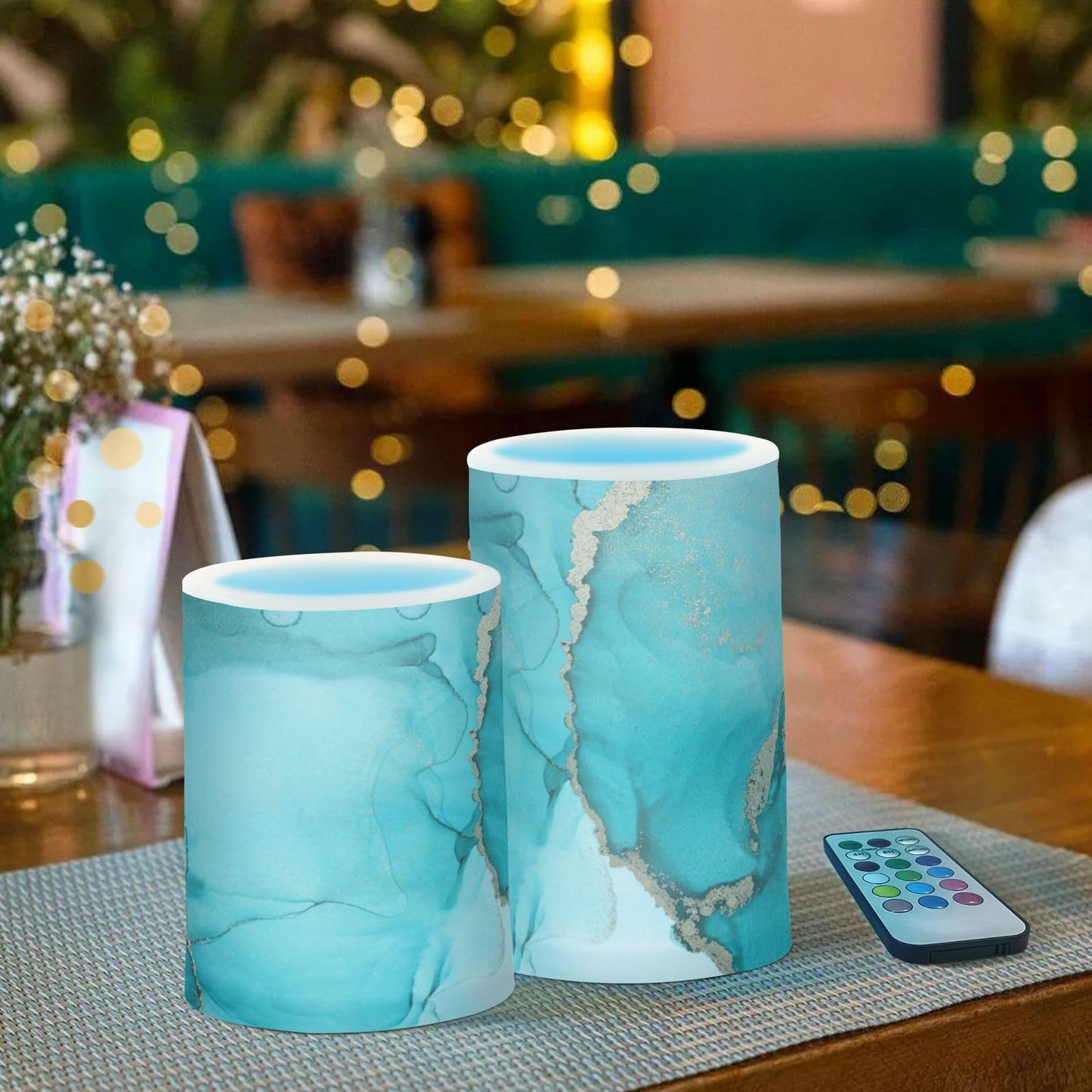 Eionryn Teal Turquoise Marble Texture Flameless Candles Black and Gold Battery Operated LED Candles with Remote Timer Electric Candles for Home Party Decor 2pcs
