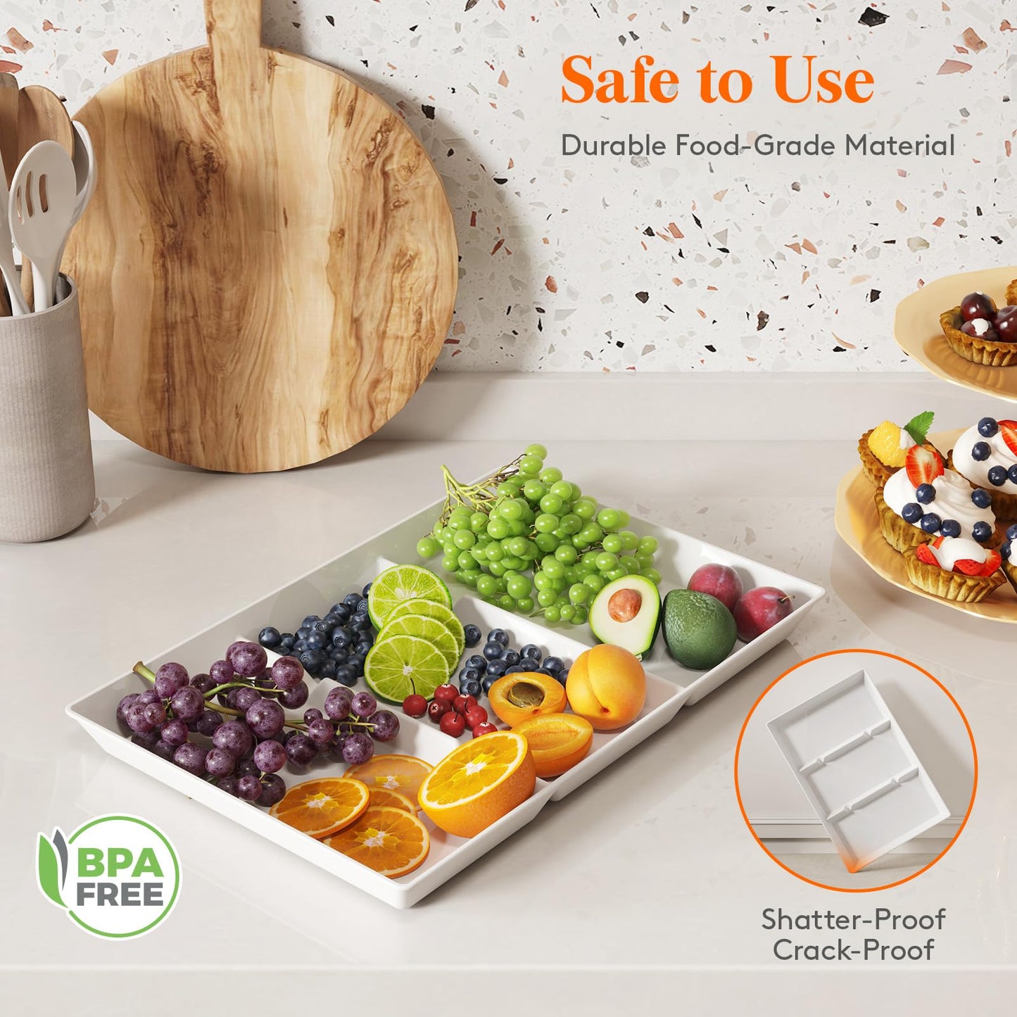 Lifewit Serving Tray Divided for Party Supplies, 6 PCS 15" x 10" Plastic Platters for Serving Food, White Reusable Tray for Veggie, Snack, Fruit, Cookies, Desserts in Kitchen/Pantry