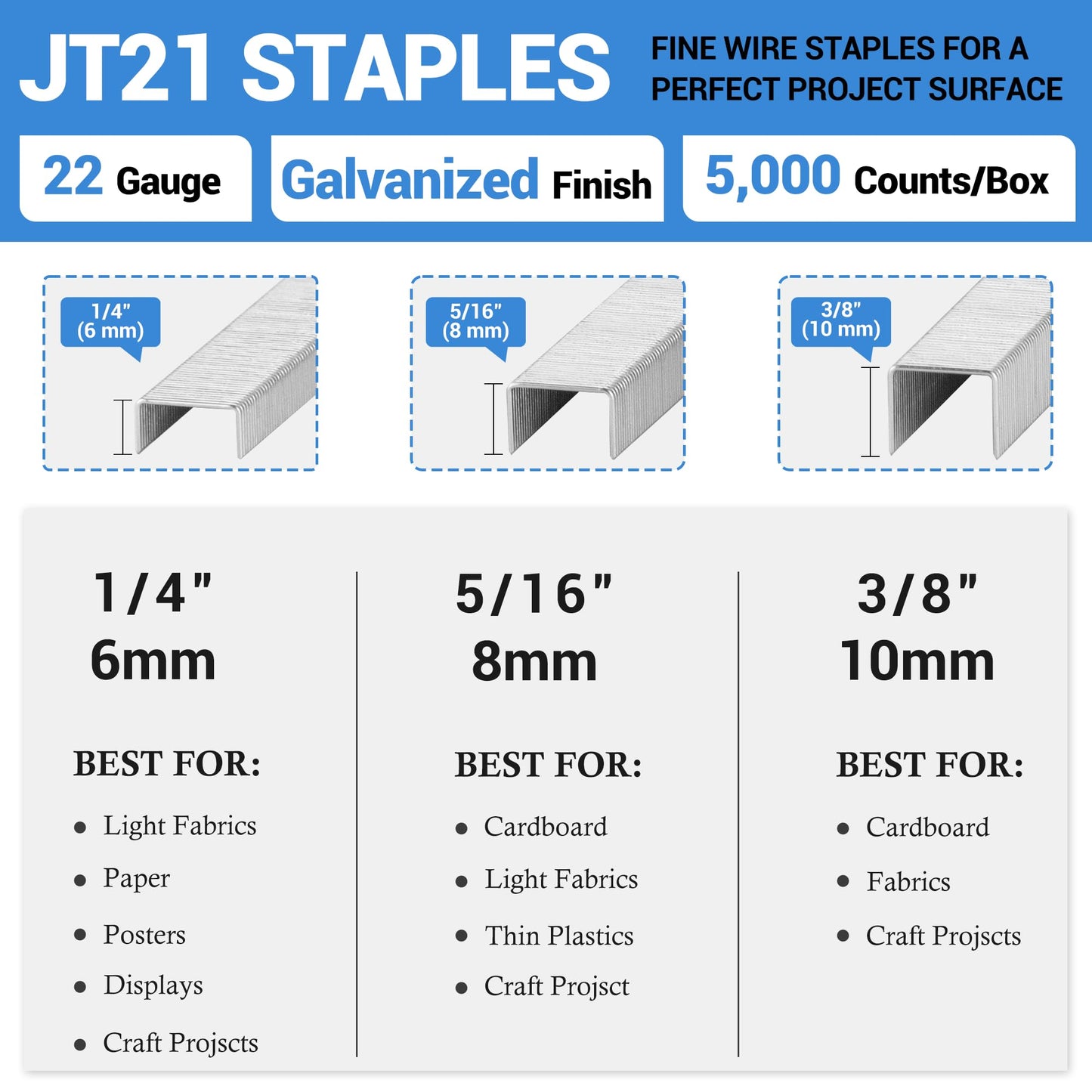 meite JT21 Staples, 1/4 Inch Galvanized Fine Wire Staples for Staple Gun - 5,000 Counts, 7/16" Crown JT21 Staple Refill, Ideal for Upholstery, Crafts, Furniture