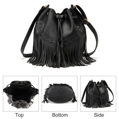 Leather Bucket Bags for Women Crossbody Fringe Purses with Drawstring Ladies Tassel Hobo and Shoulder Handbags Black