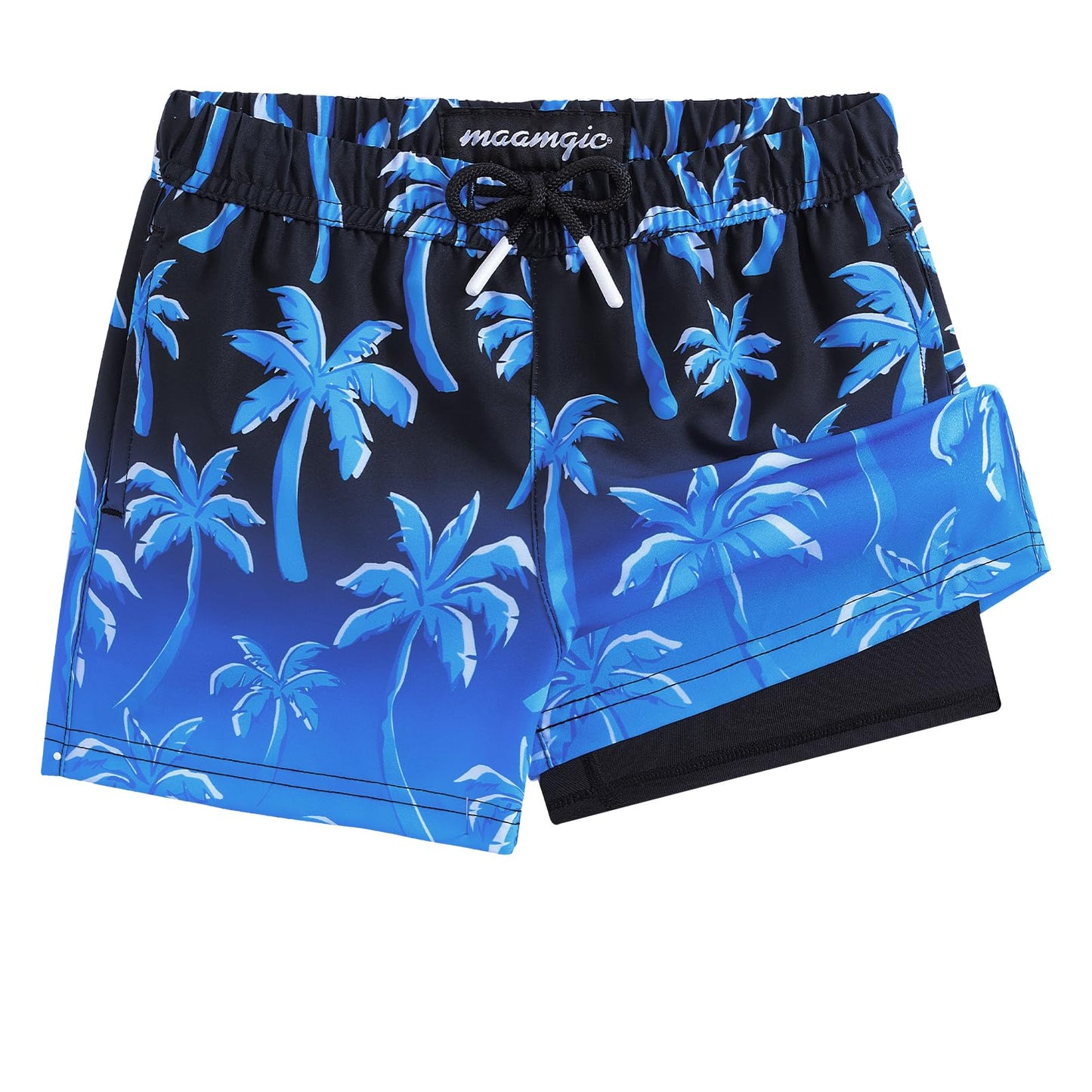 maamgic Boys Swim Trunks with Compression Liner Toddler Stretch Swim Shorts Quick Dry Swimming Trunks Boxer Brief 2 in 1 Beach Shorts Blue Coconut Tree 8