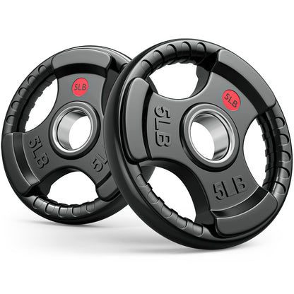 Gikpal Olympic Weight Plates, 2-Inch Three-Grip Rubber Coated Barbell Plates with Steel Hub, Cast Iron Weights for Strength Training & Home Gym, Pair or Sets (2.5–45LB)
