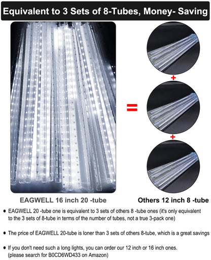 EAGWELL Christmas Lights Outdoor 16 Inch 20 Tubes Meteor Shower Rain Light, Waterproof Falling Icicle String Lighting for Xmas Tree Yard House Decor,Shine White