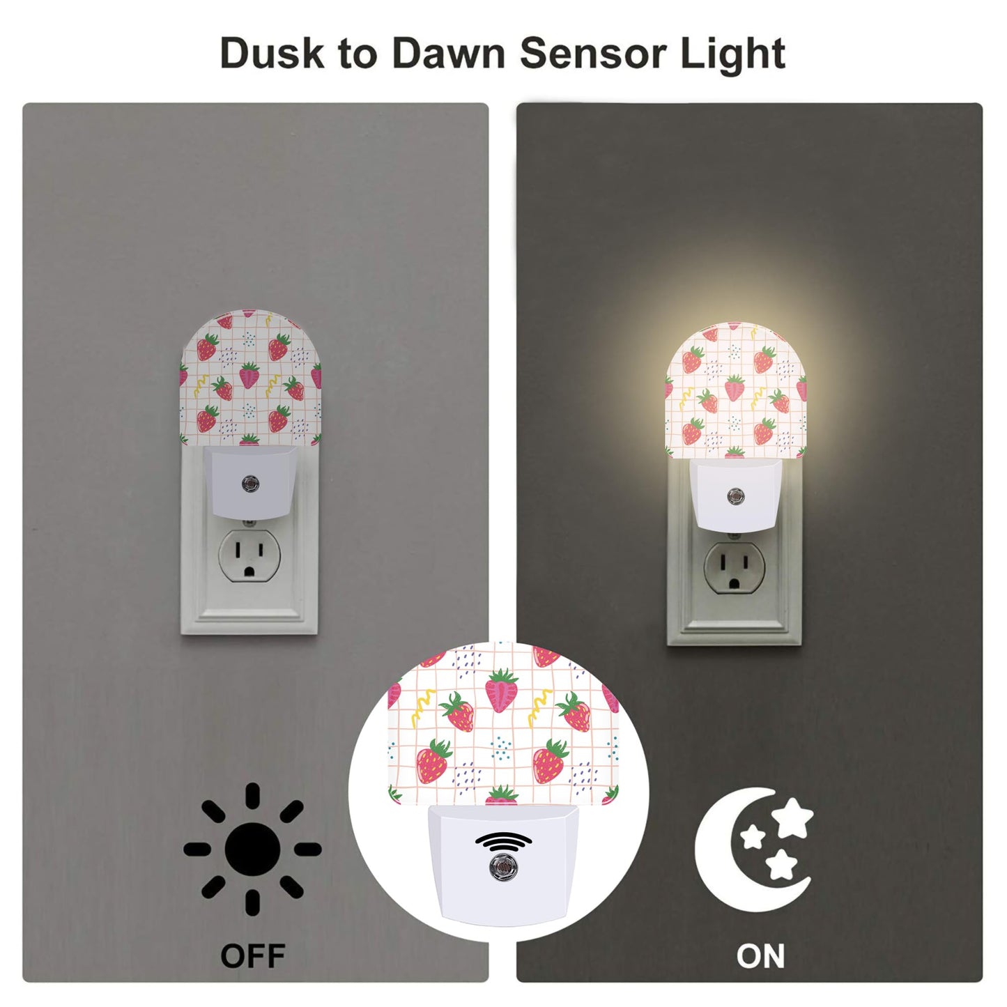 sndheke Cute Red Strawberries Night Light Plug into Wall, Abstract Funny Fruits Dusk to Dawn Night Light Plug in,0.5w Energy Saving Sleep Friendly NightLight for Kids Boys Girls Home Decor