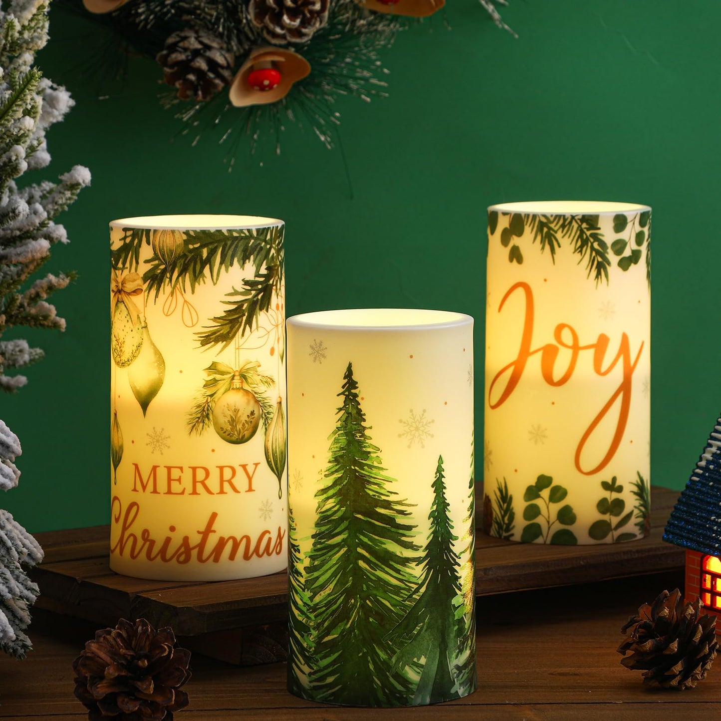 Retisee 3 Pcs Green Christmas Flameless Candles Pine Christmas Battery Operated LED Candles with Remote Green Xmas Decorations Centerpiece for Holiday Bedroom Living Room Xmas Home Decor