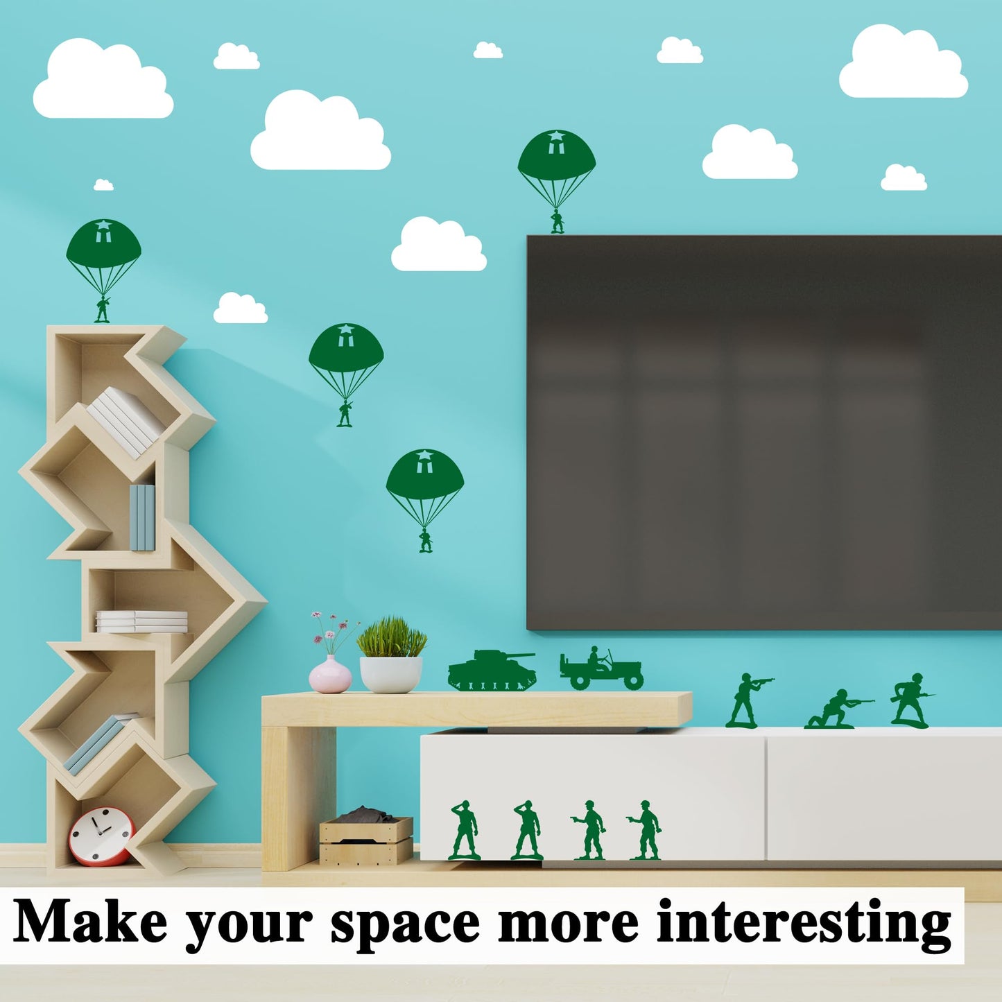 Pounchi Army and Clouds Wall Stickers (4 Sheets 93 Pcs) with Transfer Films, Cool Solider Military DIY Wall PVC Decals for Bedroom Living Room Decor