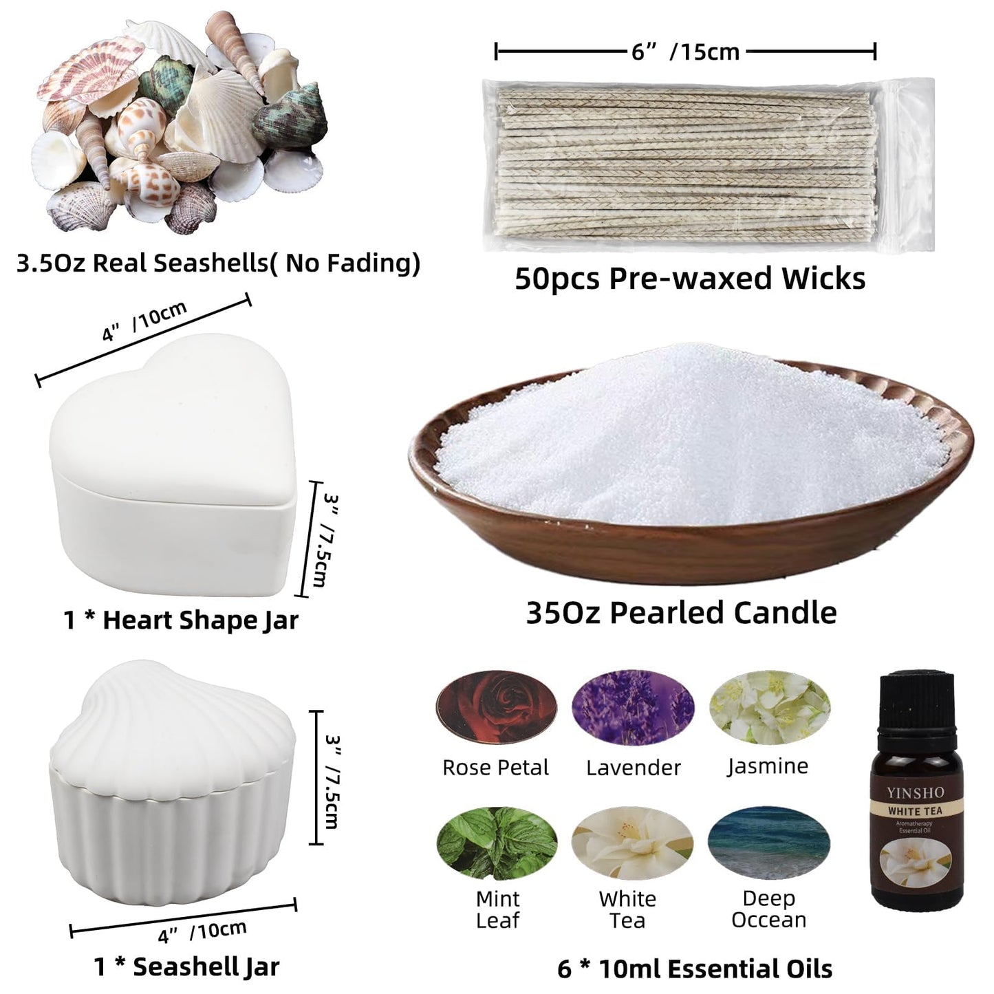 Pansyling 35oz Pearled Candle Wax Sand Crafting Set for Beginner,All-in-One Scented Candle Making Kits with 6 Essential Oils,2 Plaster Containers,50 Wicks & Seashells,DIY Powder Candles(White)