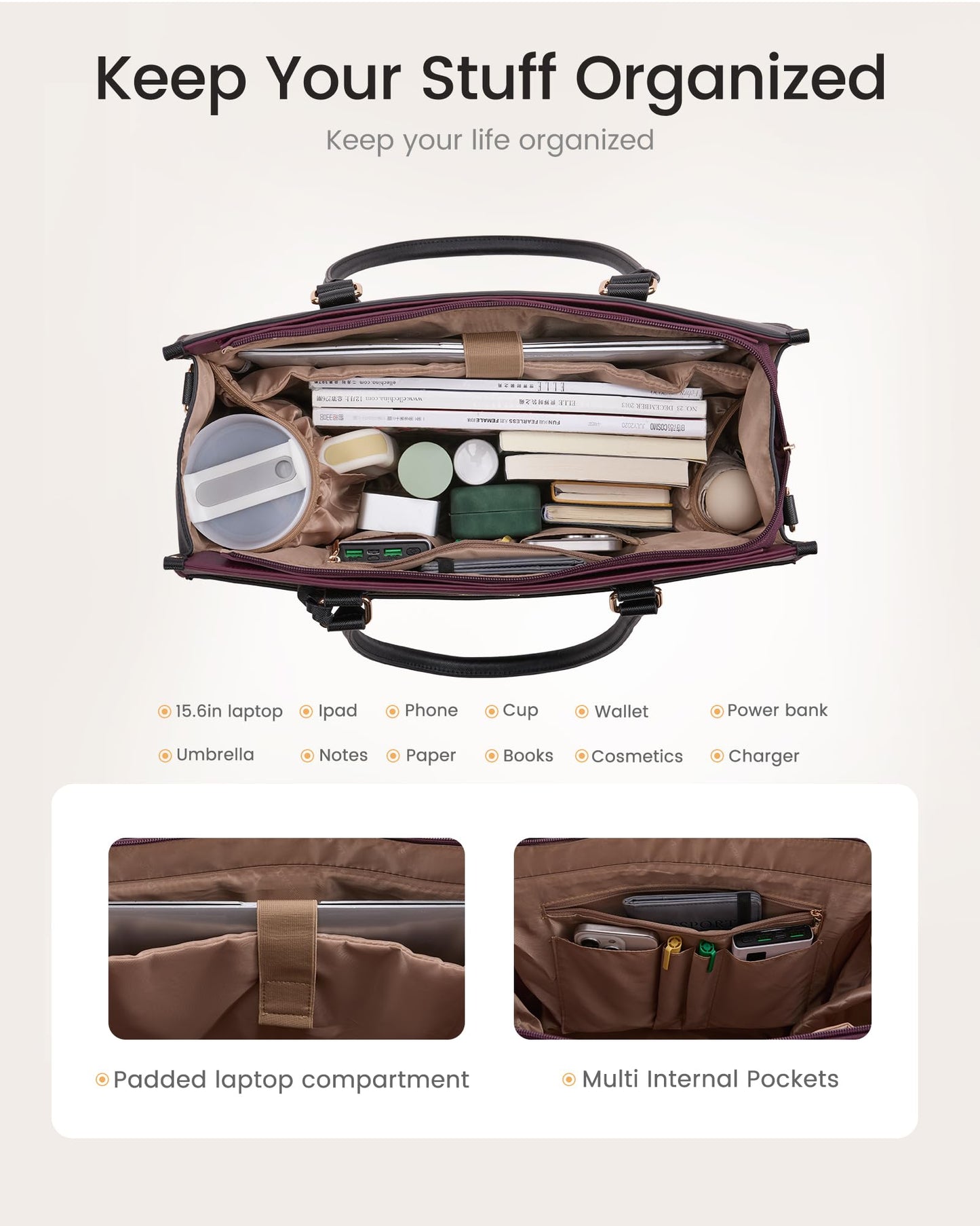 LOVEVOOK 17.3 inch Laptop Bag for Women, 2-in-1 Multi-Pocket Leather Tote Purse with Elegant Clutch & Cup Holder, Waterproof Structured Large Capacity Work Briefcase for Office Travel, Wine Red-Black