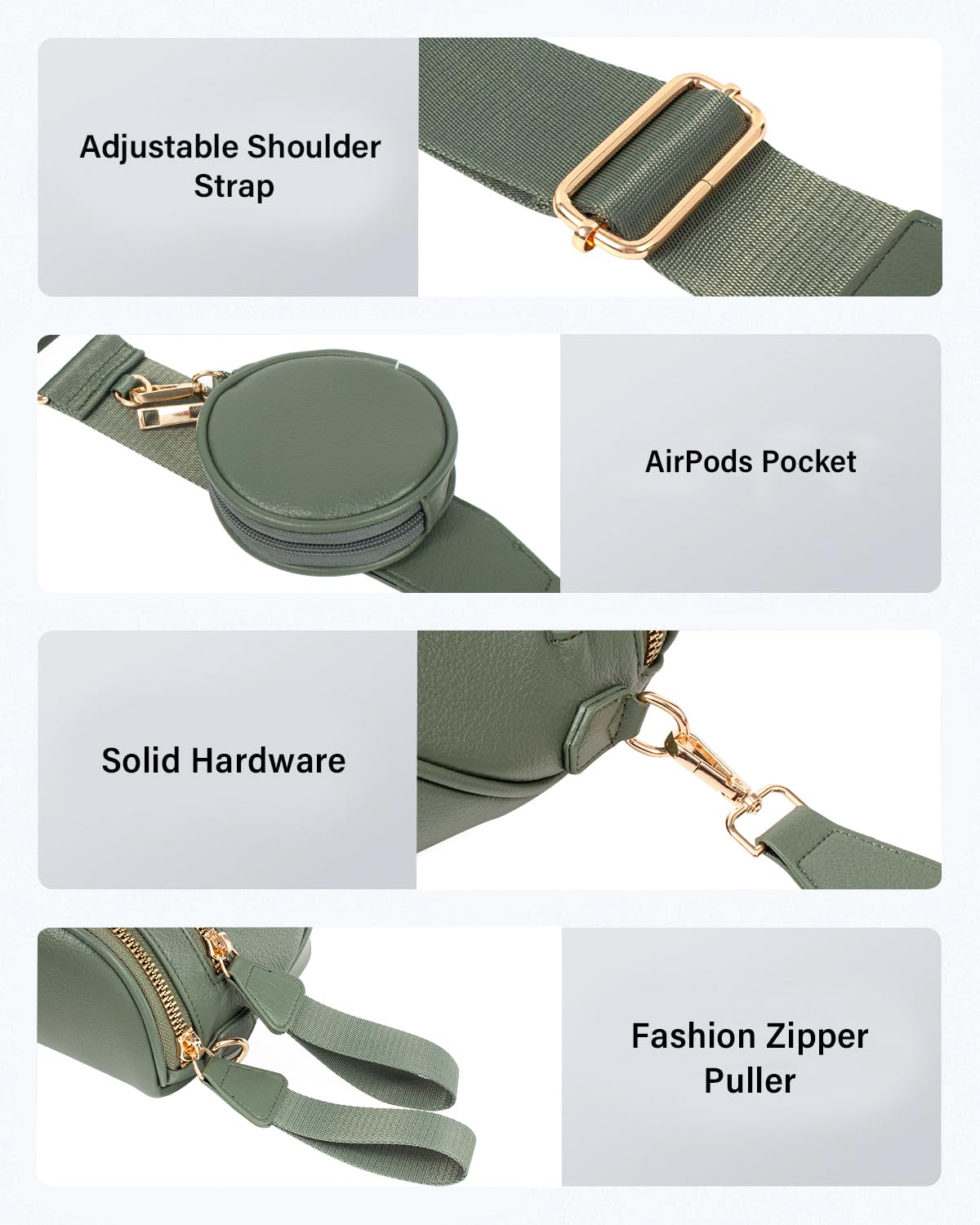 Valentoria Fashionable Womens Leather Waist Bag Crossbody Bag Detachable Wallet Adjustable Shoulder Strap (Bean Green)