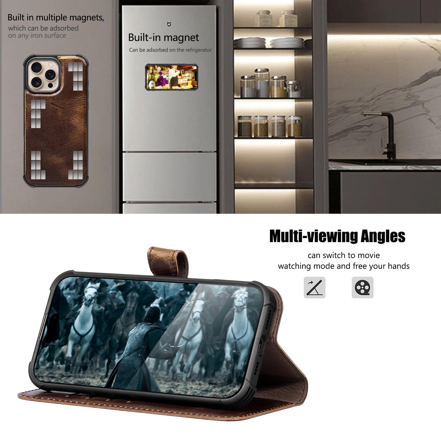 RMAWRAD Leather Case Compatible with iPhone 16 Pro Max Wallet 6.9",Genuine Leather 2in1 Magnetic Detachable Shockproof Kickstand,Flip Folio Cover with Card Slot,Wireless Charging RFID Blocking Brown
