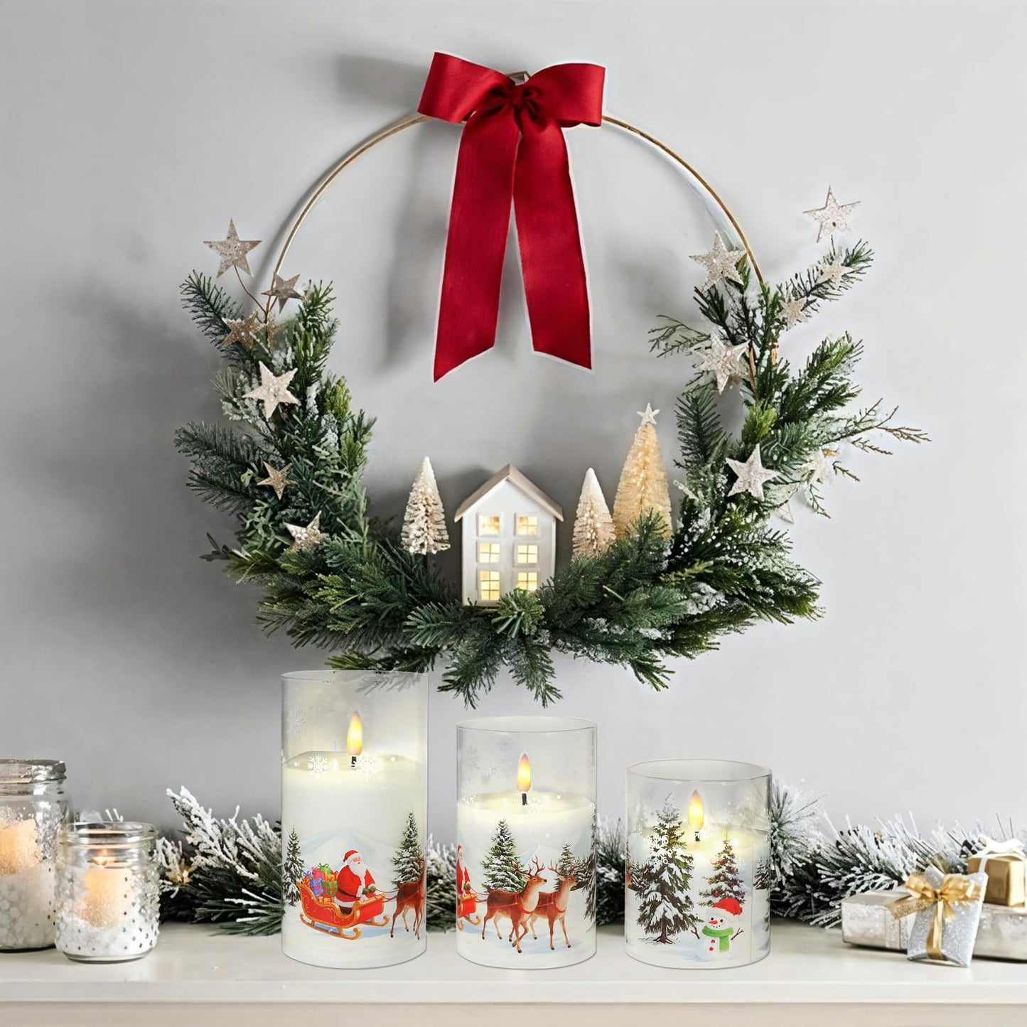 Sariiraw Christmas Snowman Glass Flameless Candles with Remote Timer, Set of 3 Battery Operated LED Pillar Candles for Christmas Decorations, 4" 5" 6" Heights, Warm White Light