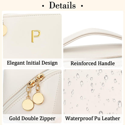 KKXIU Initial Makeup Bag for Women - Personalized Makeup Bag Gifts for Women, Travel Toiletry Bag with PU Leather, Open Flat Design with Top Handle, Cosmetic Bag Set with Multi-Pocket (Beige,P)