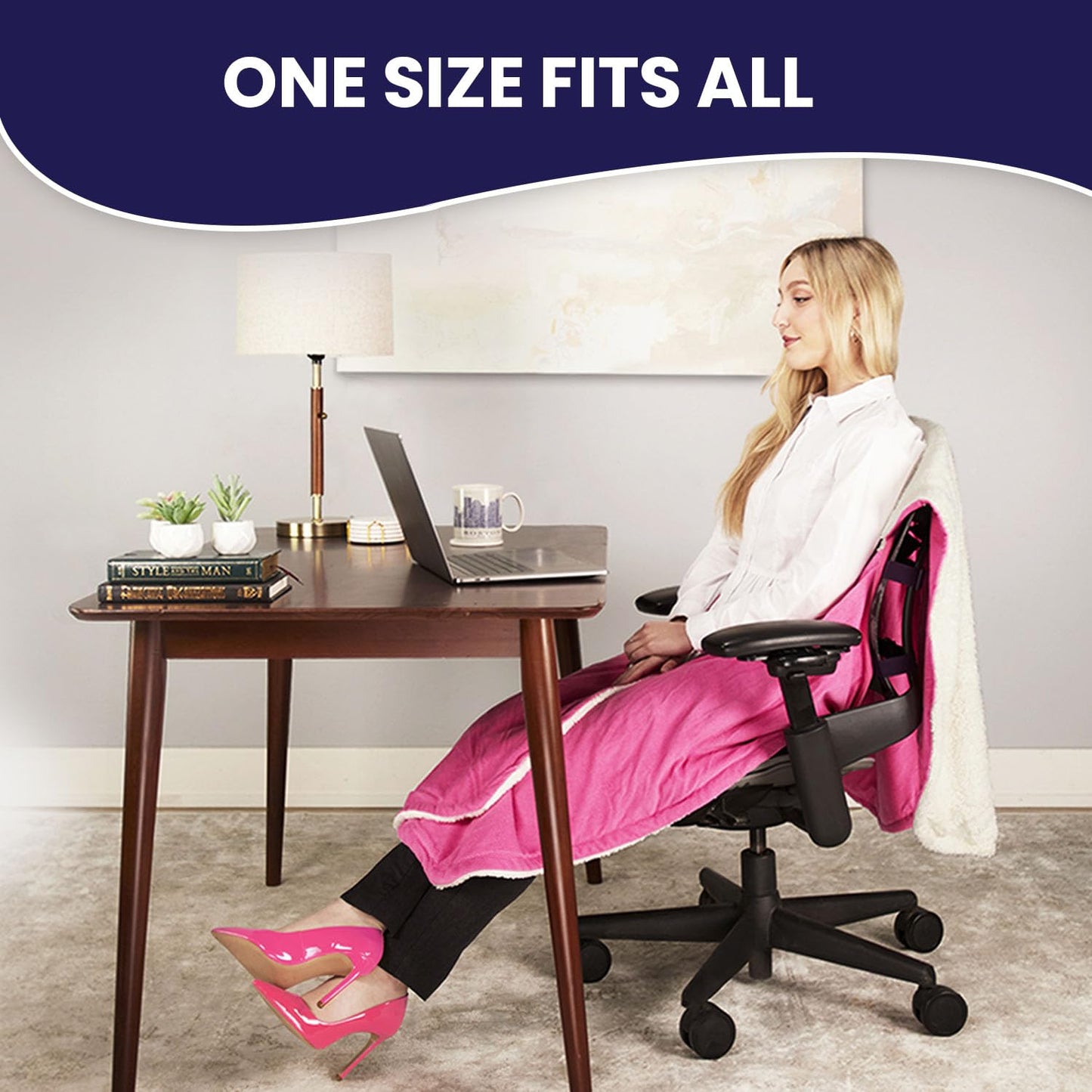 The Original Office Chair Blanket by SnuggleBack; Cozy Comfy Office Desk Chair Wrap Attaches for Hands-Free Warmth. Stay Warm In The Winter or Summer. (Black Pattern Fleece)