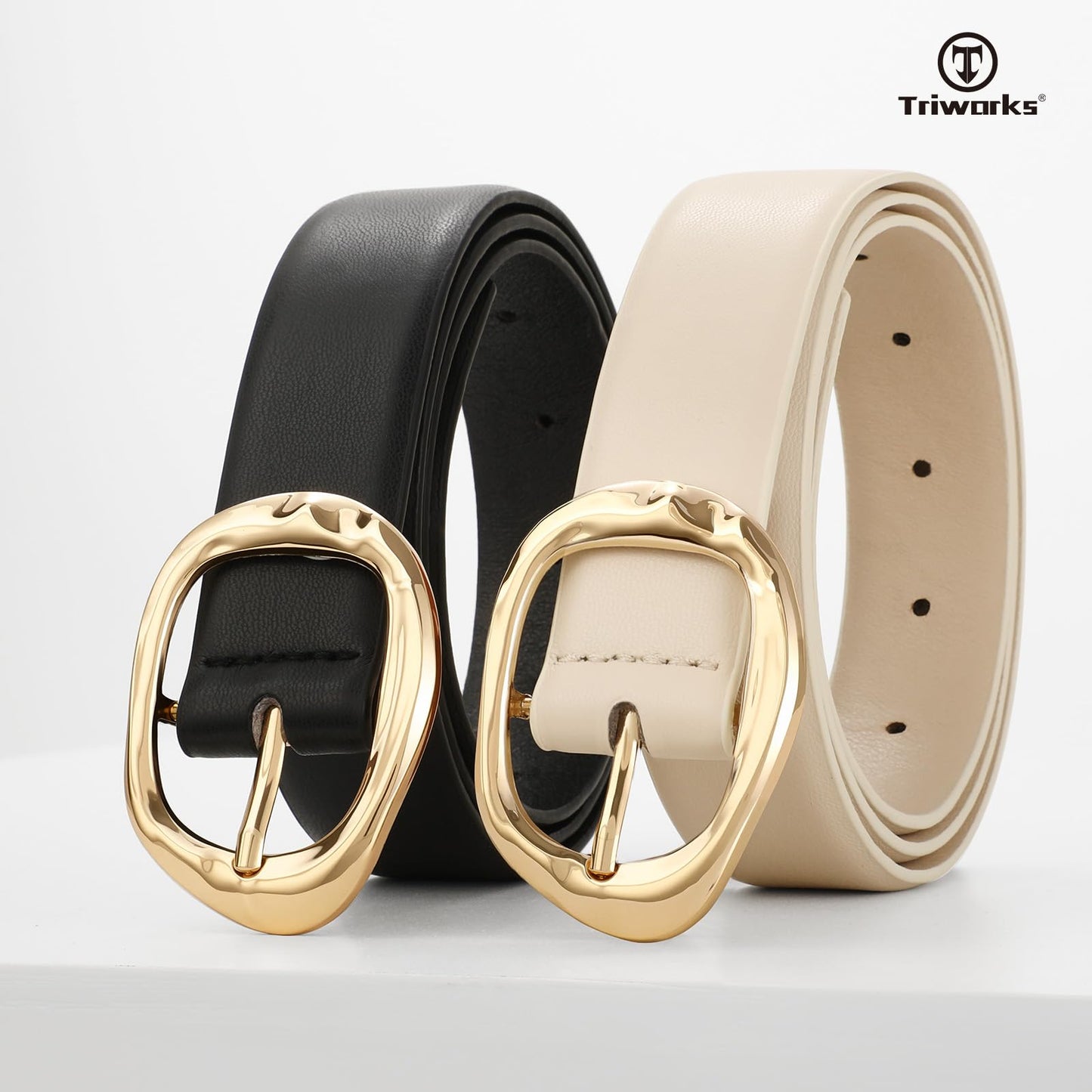 TRIWORKS 2 Pack Leather Belts for Women Fashion Waist Belt with Liquid Shapes Women Belt for Jeans Pants Dresses