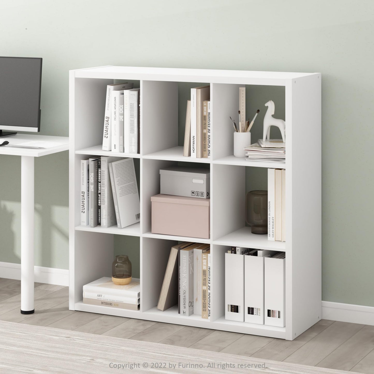Furinno Cubicle Book Shelf, 9-Cube Bookshelf, Extra Thick Frame Reversible Tall Wide Bookcase with Open Back, 14.6 x 44 x 44, for Living Room, Bedroom, Home Office, Plain White