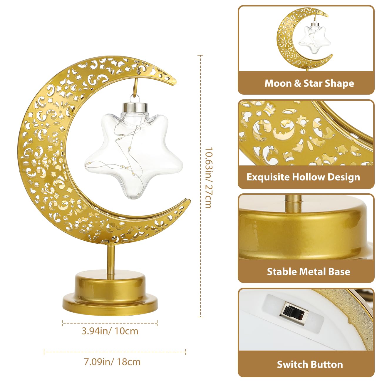 Lewondr Decorative Table Lamp, Battery Powered Ramadan Desk Lamp Decorations Crescent Table Light Lunar Star Moon Lantern for Bedside Nightstand Desktop Room Party, Eid Mubarak Decor, Warm Light