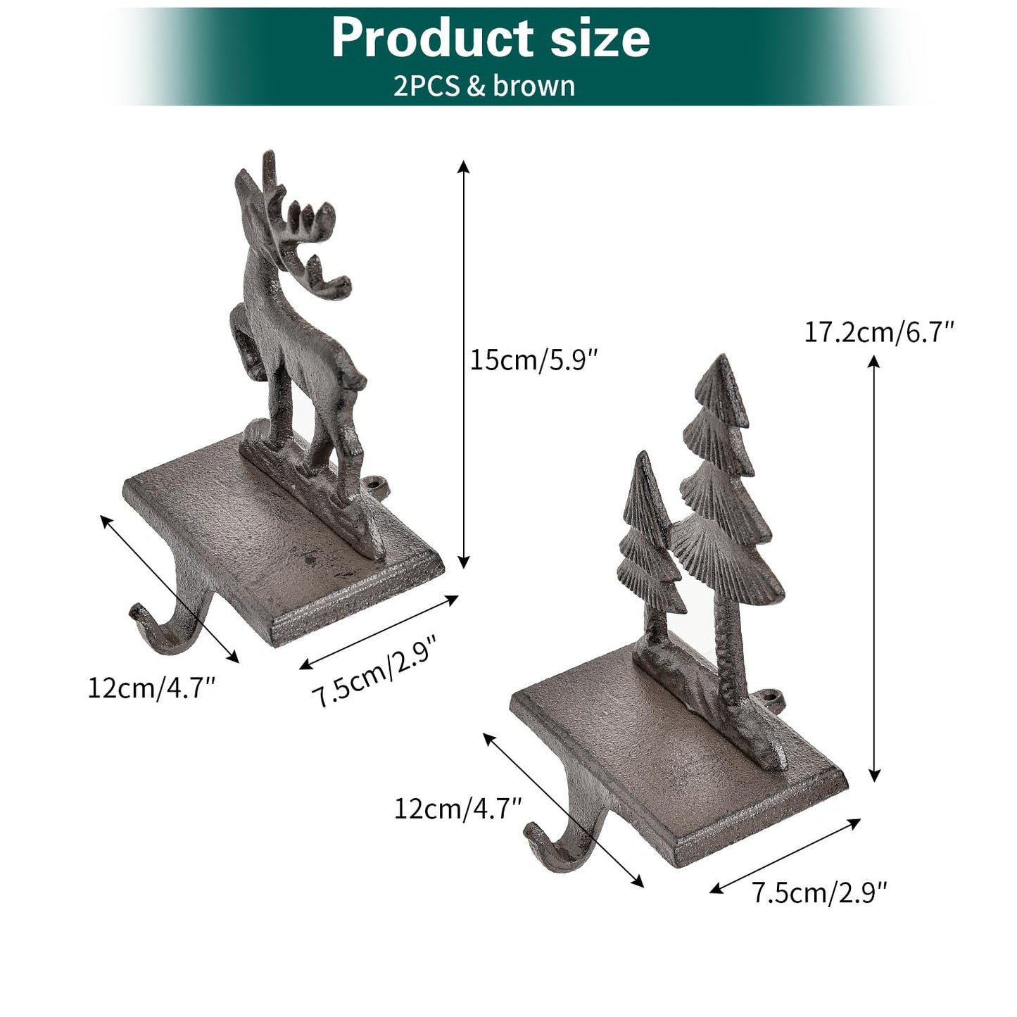 Sungmor Christmas Stocking Holders, 2PC Cast Iron Mantel Hooks Home Decor Holiday Gifts, Heavy-Duty Anti-Slip Fireplace Hangers, Christmas Tree Reindeer Pattern Hooks for Xmas Shelf Topper Decoration