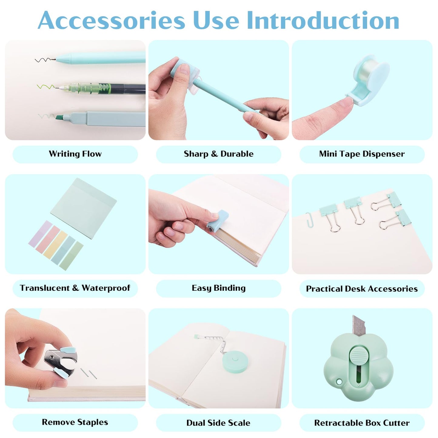 Mini Office Supplies, Teal Stapler with Staples and Tape Dispenser Set, Mini Stationary Kit Includes Sticky Notes Index Tabs Highlighters Gel Pens for Office & School Supplies (Teal)