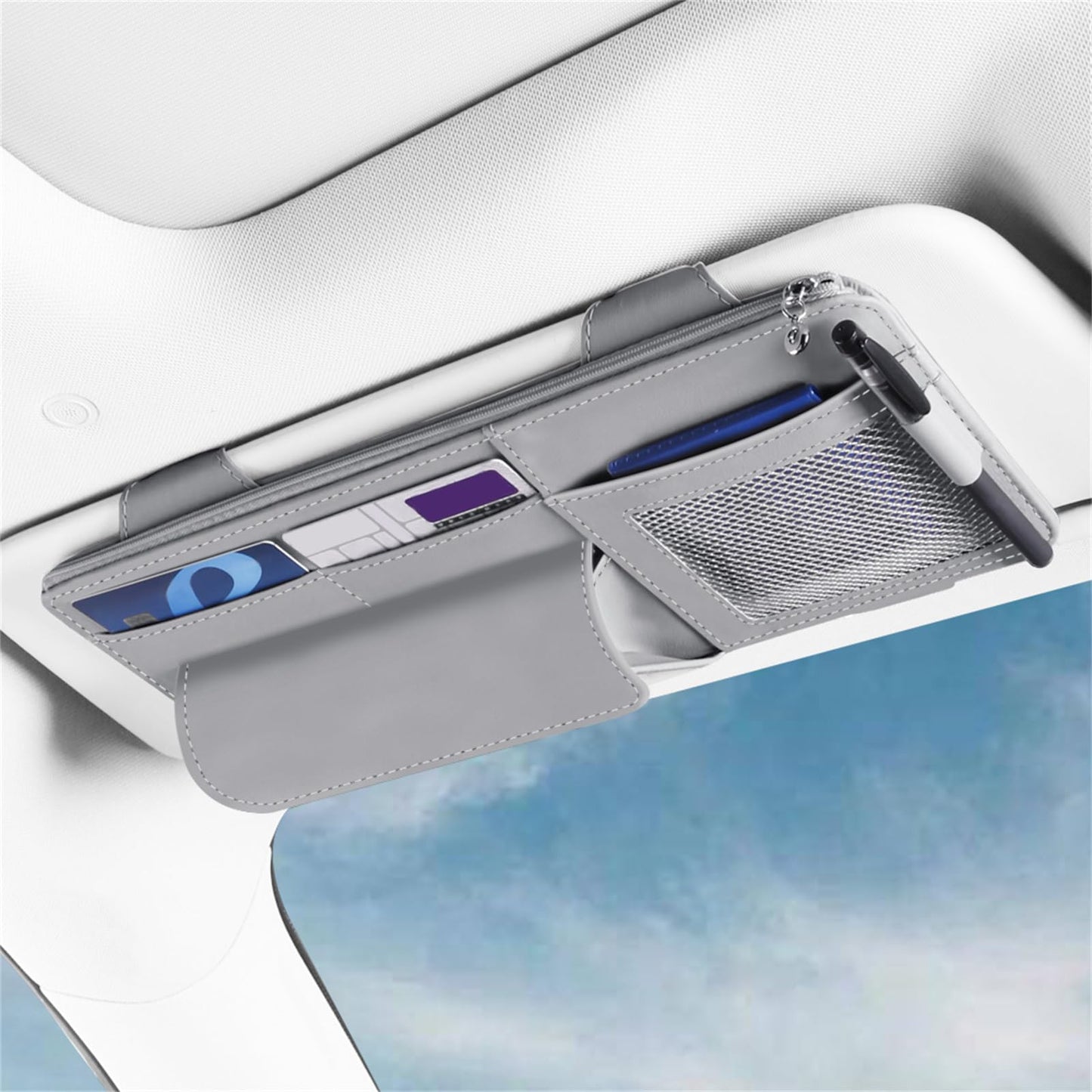 WiiLemz Car Visor Organizer, Multi-Pocket Sunvisor Storage with Sunglass Holder, Document Holder and Visor Card Clip, Fit for AUTO SUV & Truck, Leather Car Accessories Interior (Grey)
