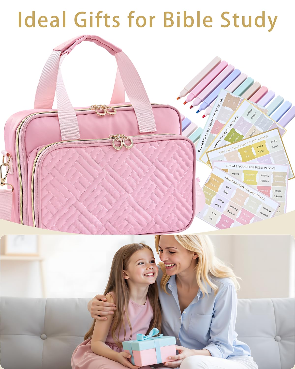ZHITTHOME Bible Cover for Women Journaling Kit, 【w/12 Highlighters, 75 Tabs】 Large Bible Study Supplies & Christian Gift for Women and Teens (Pink)