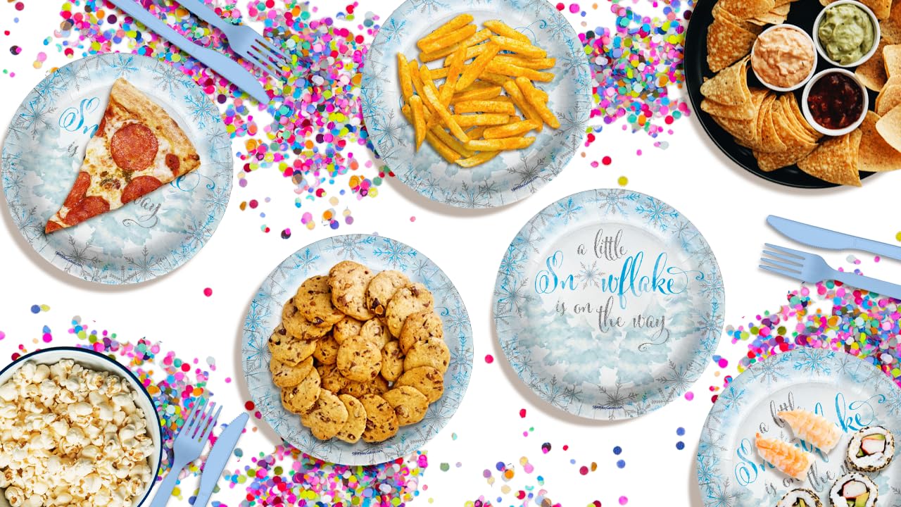 Birthday Galore A Little Snowflake is On The Way Boy's Baby Shower - 32 Piece Disposable Party Supplies - Winter Baby Shower Decorations - Round Party Plates - Large 9" Paper Plates In Bulk