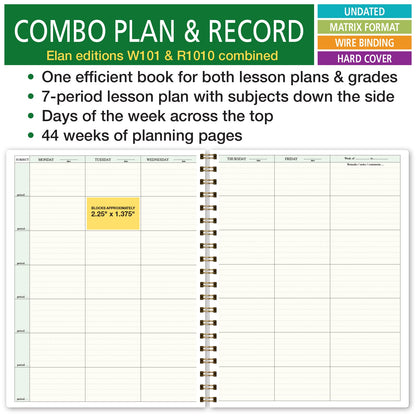 Elan Publishing Company HARDCOVER Combination Plan and Record Book: One efficient 8.5" x 11" Book for Lesson Plans and Grades Combines W101 and R1010 with Bonus Clip-in Bookmark (Teal Floral)