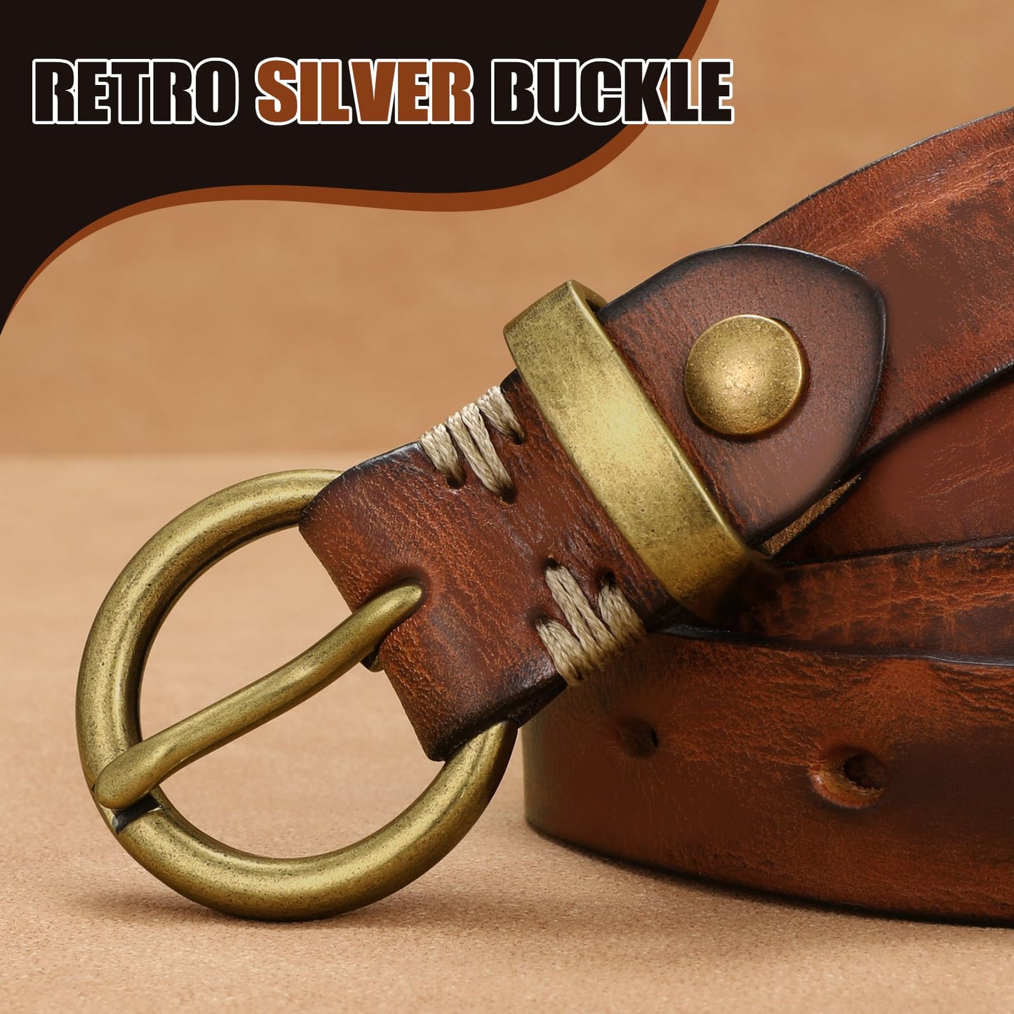 SANSTHS Womens Genuine Leather Belts for Jeans Pants Trendy Vintage Thin Leather Belt Gold Buckle Ladies Skinny Waist Belt,Cognac,M