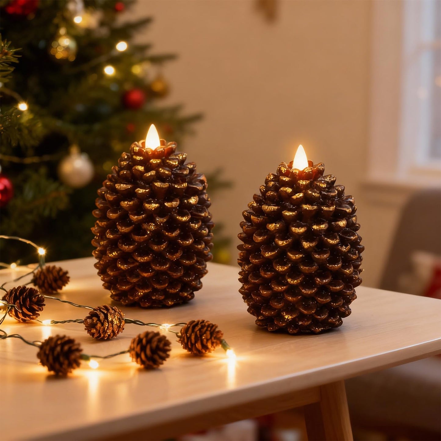 Eldnacele Pine Cone Flameless Candles Battery Operated with 6 Hour Timer Unscented Real Wax Flat Wick Flickering Pinecone LED Candles Christmas Home Holiday Decoration(2 Pack Brown)