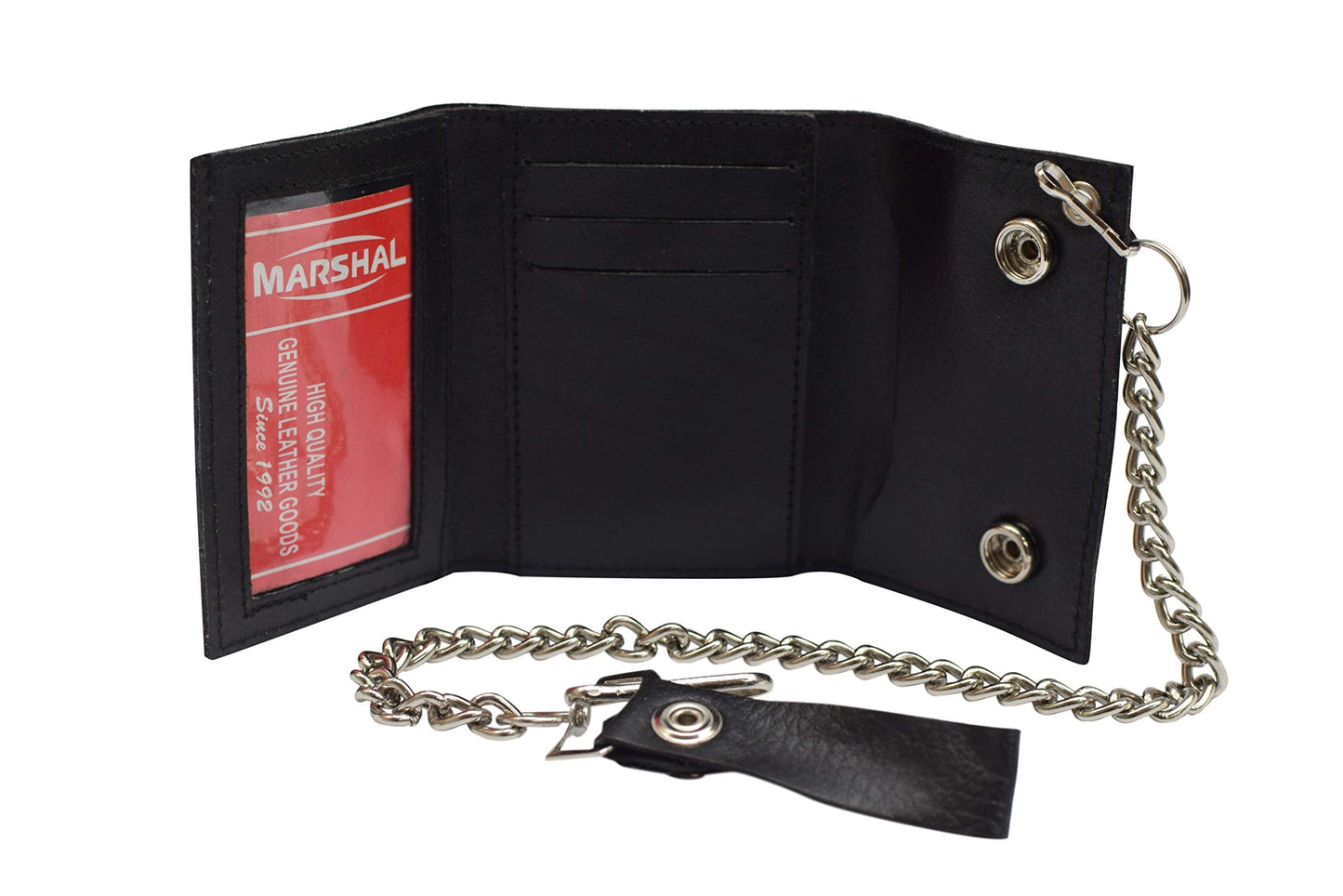 MARSHAL Men's Genuine Leather Black Trifold Wallet with Chain Biker Trucker Motorcycle (Eagle Black)