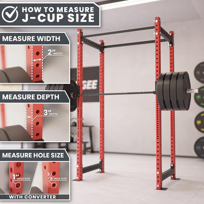 Synergee J-Hooks for Power and Squat Racks. 2x3 J-Cups Designed for 1” or 5/8 Hole. J-Hooks for Power Lifting, Squats and Presses. Sold in Pairs.