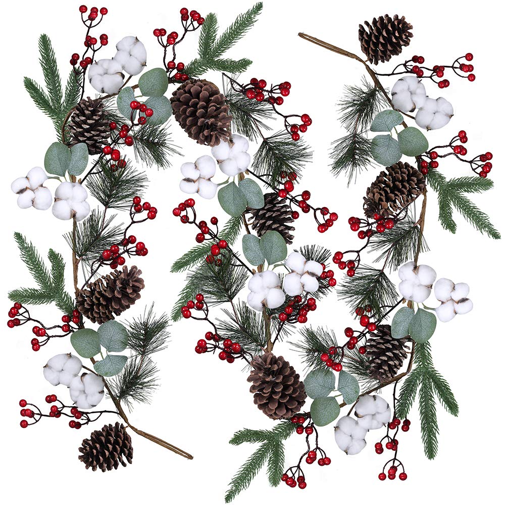 Artificial Christmas Pine Garland with Berries Pinecones Spruce Eucalyptus Leaves Cotton Balls Winter Greenery Garland for Holiday Season Mantel Fireplace Table Runner Centerpiece Décor 6 feet