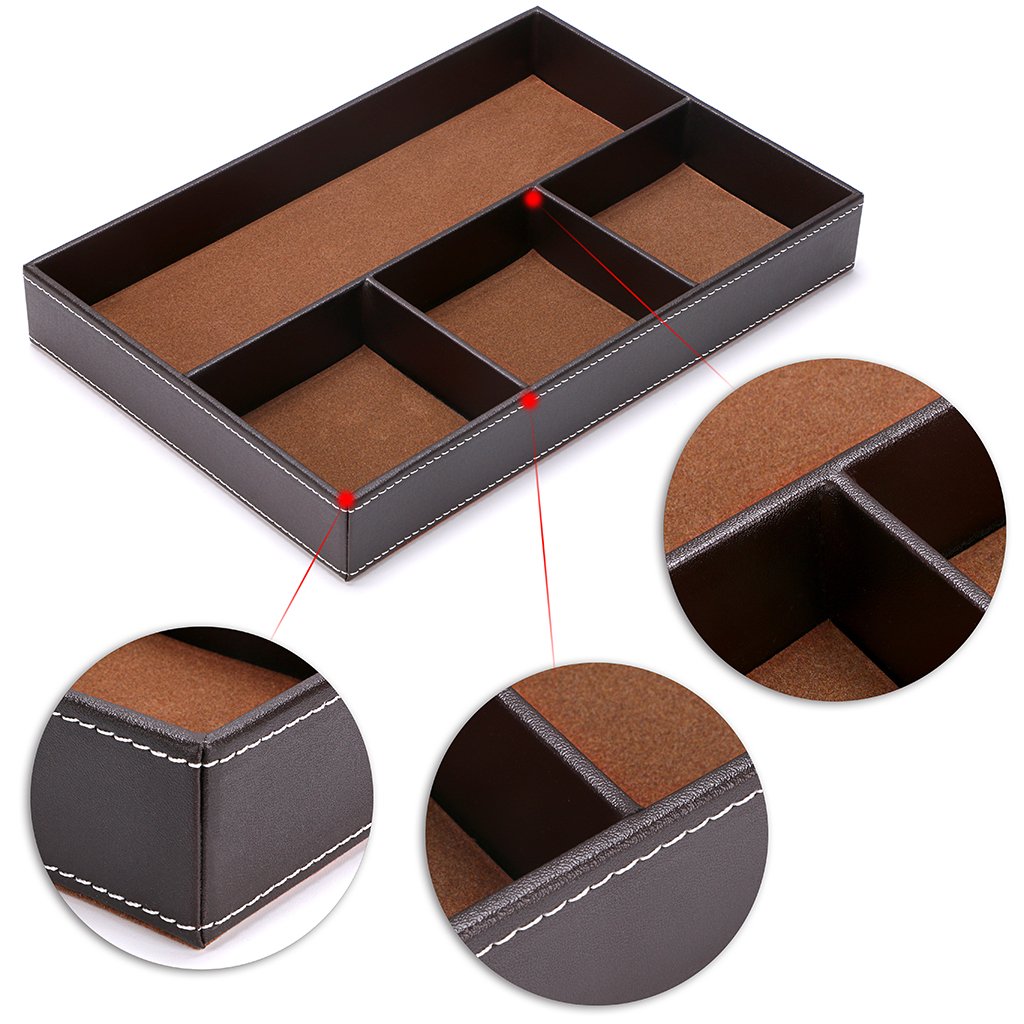 BTSKY 4 slots Desk Drawer Organizer, PU Leather Drawer Storage Organizer Divider for Office Desk Supplies Value Collection and Accessories Multi-Purpose Storage Desktop Organizer Tray(Brown)