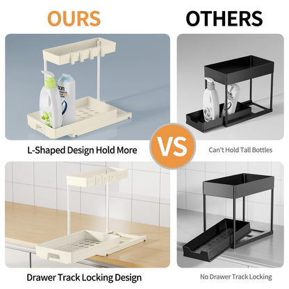Delamu 2 Pack Under Sink Organizers and Storage, 2 Tier Pull Out Bathroom Cabinet Organizer, L-Shape Black Under Bathroom Kitchen Sink Organizer with Drawer for Under Sink Storage Organizer