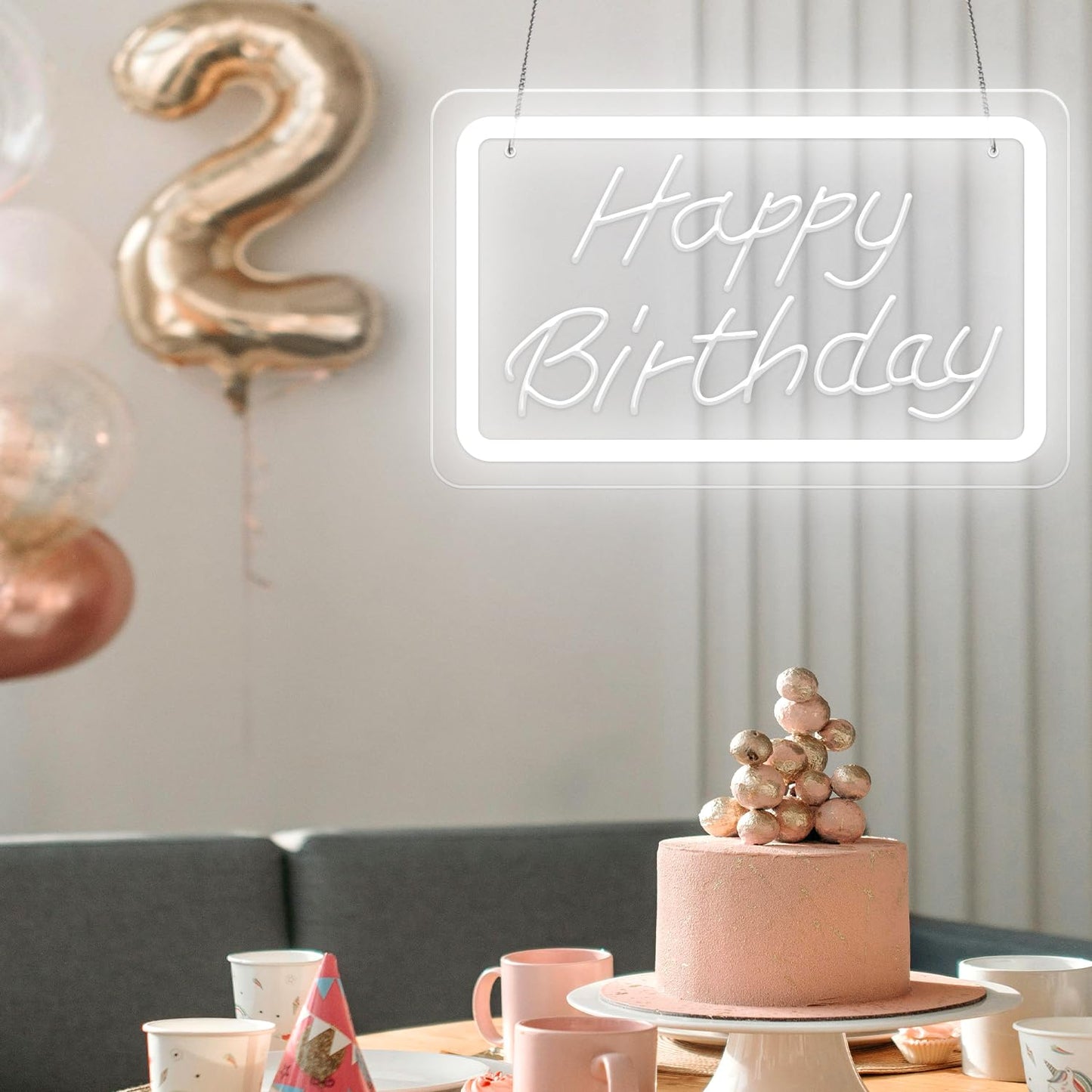 KeyDoors Happy Birthday LED Neon Sign 11.8 x 8.3in– White Dimmable Neon Light, USB Powered Wall Decor for Party Backdrop, Bachelorette Party Decor, Ideal Christmas Gift & Birthday Gift