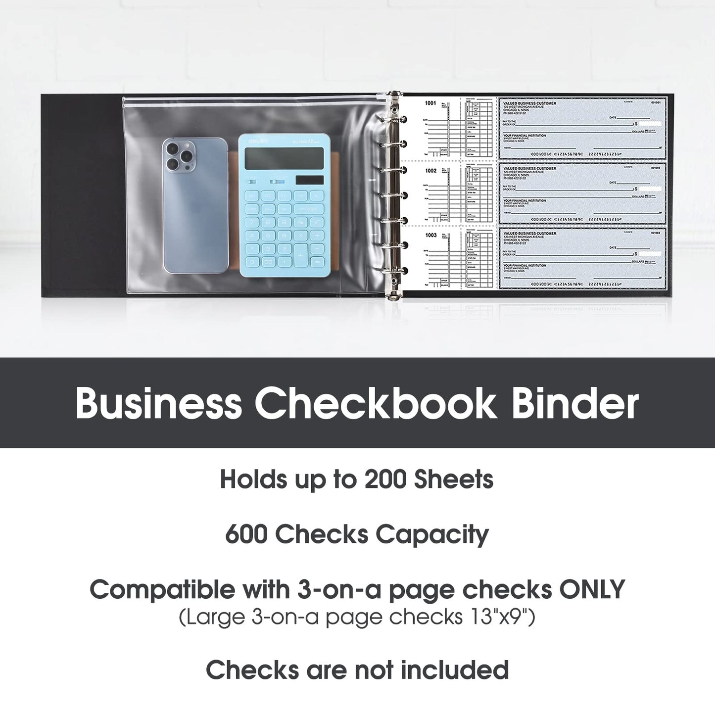 7 Ring Check Binder, 3-On-A-Page Business Checkbook Holder, 500 Checks Capacity, with 2024-2030 Calendar Organizer, Sleek Business Design (Black)