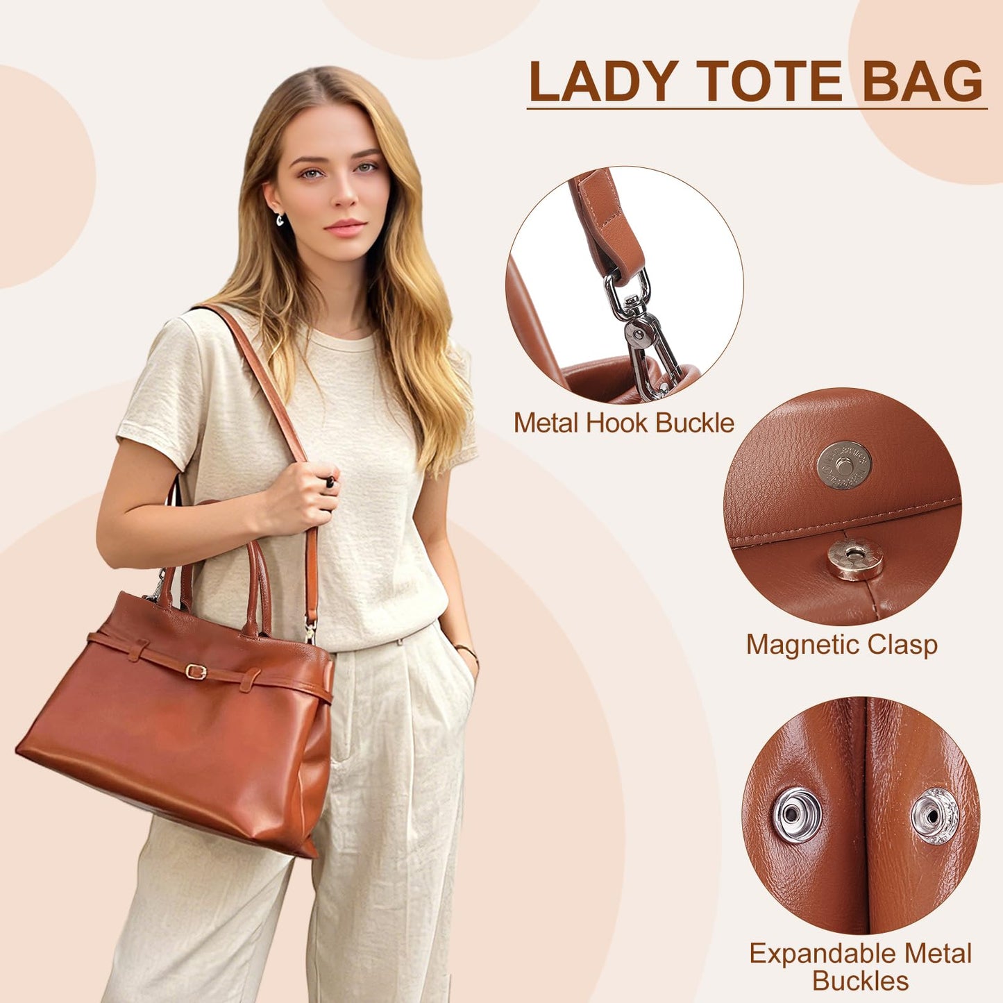 Masa Kawa Genuine Leather Tote Bag for Women with Long Strap, Waterproof Expandable Top-Handle Handbag, Shoulder Crossbody Bag for Daily Work, Caramel Brown