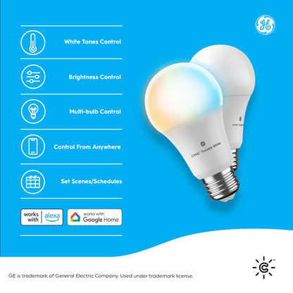 GE CYNC Smart LED Light Bulbs, Tunable White, Bluetooth and Wi-Fi, Works with Alexa and Google, A19 (2 Pack)