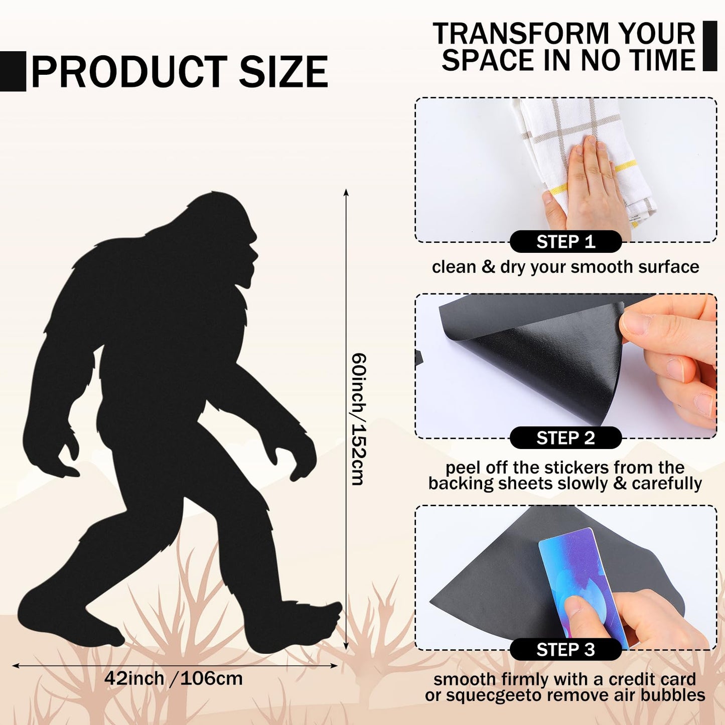 Affrolling Bigfoot Wall Decal Large 60 x 42 Inch Sasquatch Big Foot Silhouette Peel and Stick Wall Decals for Office Home Decor Gifts for Sasquatch Bigfoot Lovers(Black)