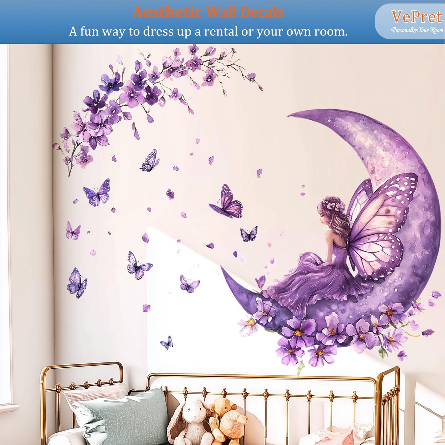 VePret Purple Fairy Wall Decals Peel and Stick, Butterflies Moon Flowers Wall Stickers, Removable Vinyl Home Decor Art for Girls Bedroom Baby Nursery Daycare