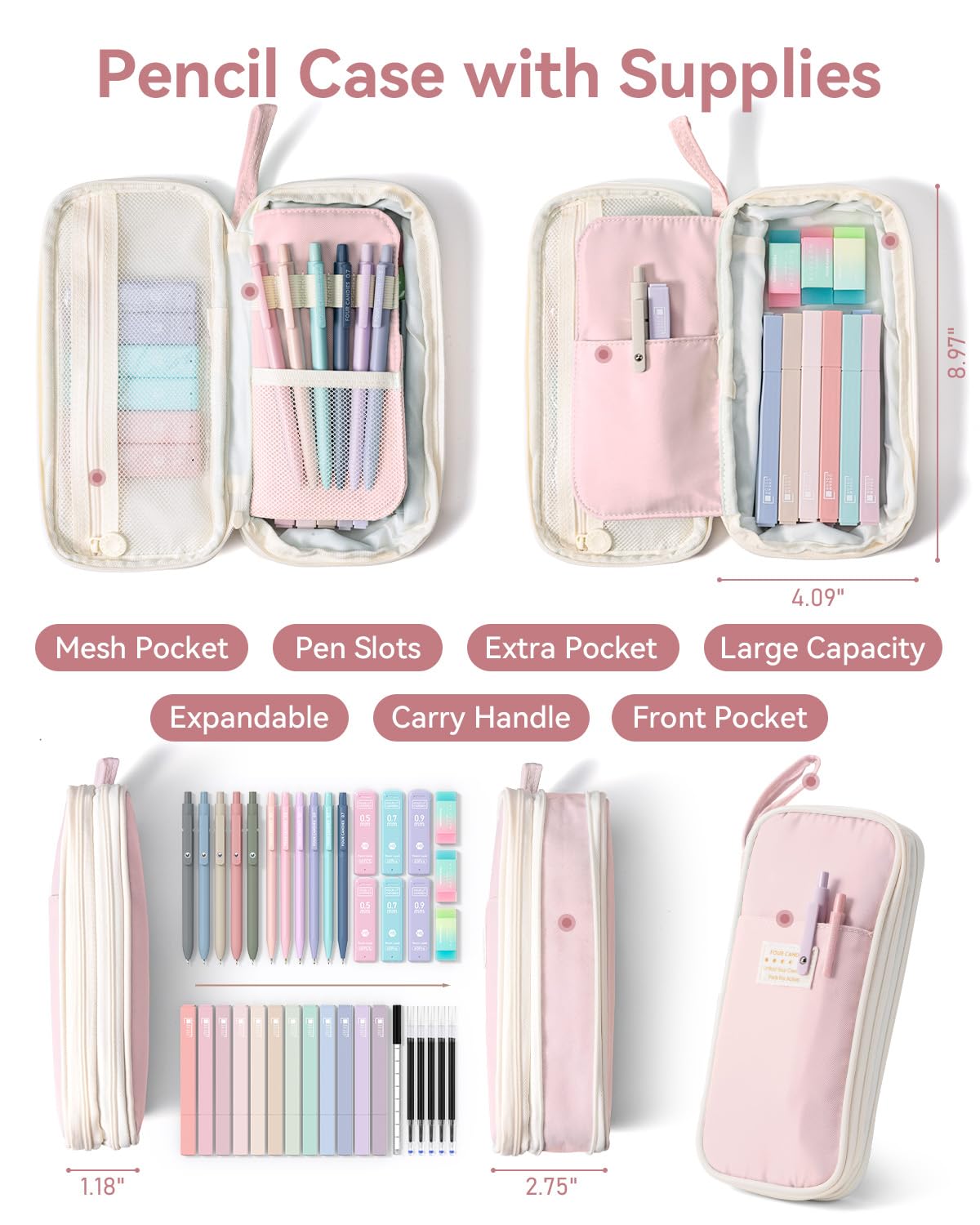 Four Candies 39 PCS Aesthetic School Supplies with Cute Pen Case, 12 Pastel Highlighters, 5 Black Ink Gel Pens, 6 Mechanical Pencils Set for Students Stationary College Essentials (Pink)