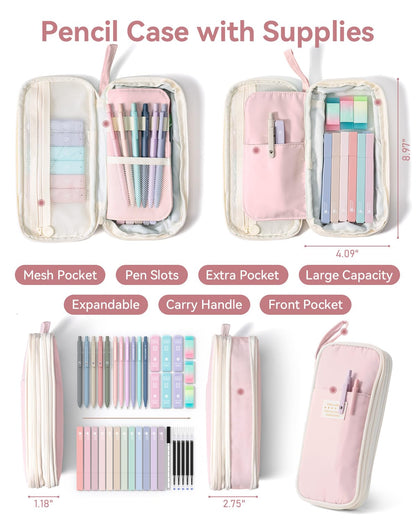 Four Candies 39 PCS Aesthetic School Supplies with Cute Pen Case, 12 Pastel Highlighters, 5 Black Ink Gel Pens, 6 Mechanical Pencils Set for Students Stationary College Essentials (Pink)