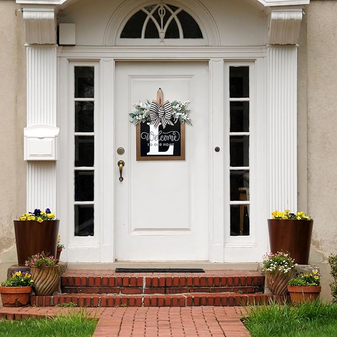 Ultra Large 14'' Last Name All Year Round Front Door Wreath with 26 Initial Letter Welcome Sign All Seasons Eucalyptus Garland and Bow Wreaths for Front Door Porch Farmhouse Decoration (L)