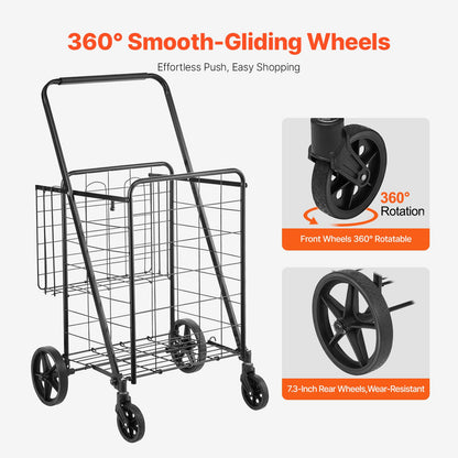 VEVOR Shopping Cart, 110 lbs Large Load Capacity, Folding Grocery Shopping Cart with 360° Swivel Wheels, Double Baskets, Locking Latch, Heavy Duty, Easy Installation, for Laundry, Luggage Camping
